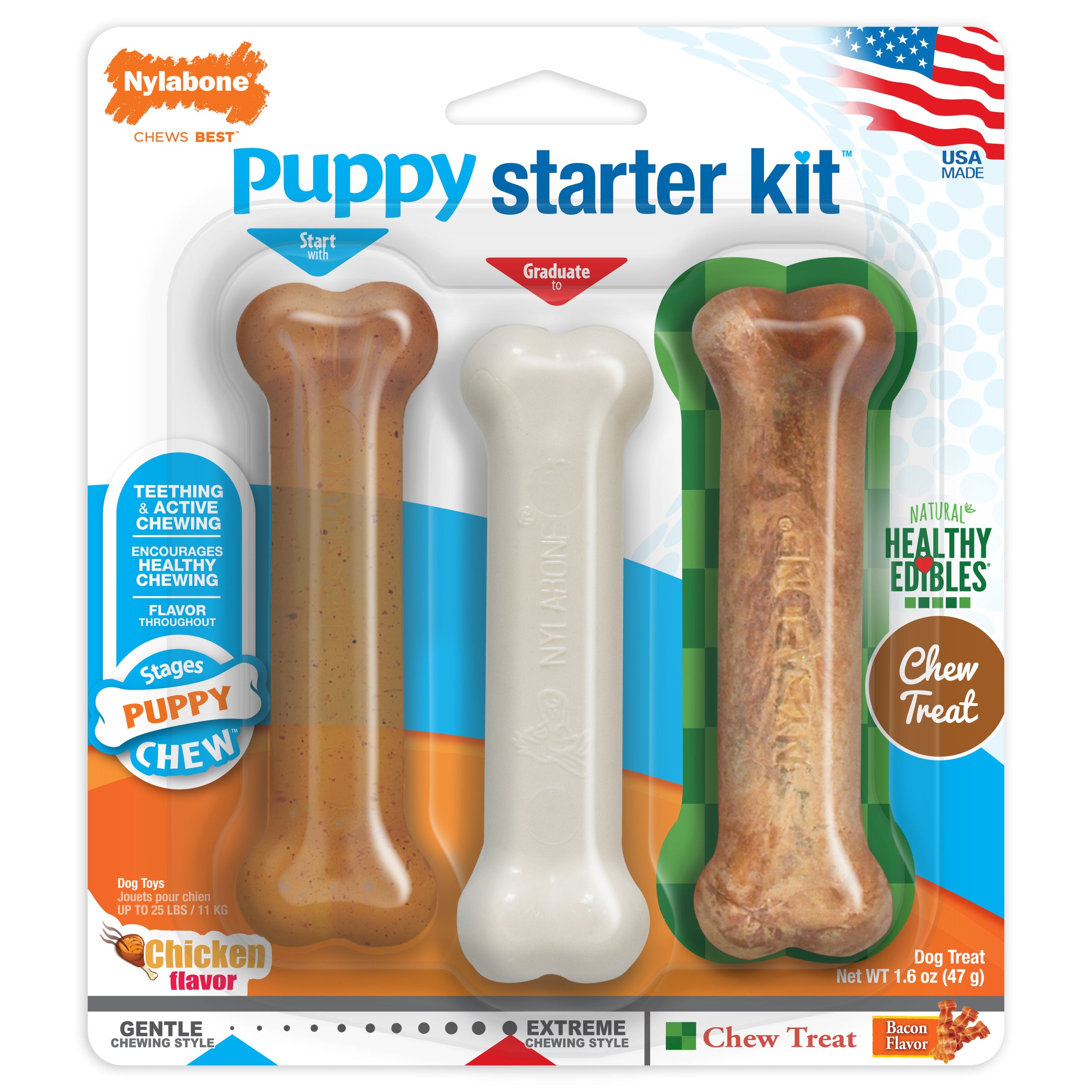 Nylabone Puppy Starter Kit Dog Chew Toys Treat Chicken Bacon, 1ea/SMall/Regular Up To 25 Ibs. 3 ct