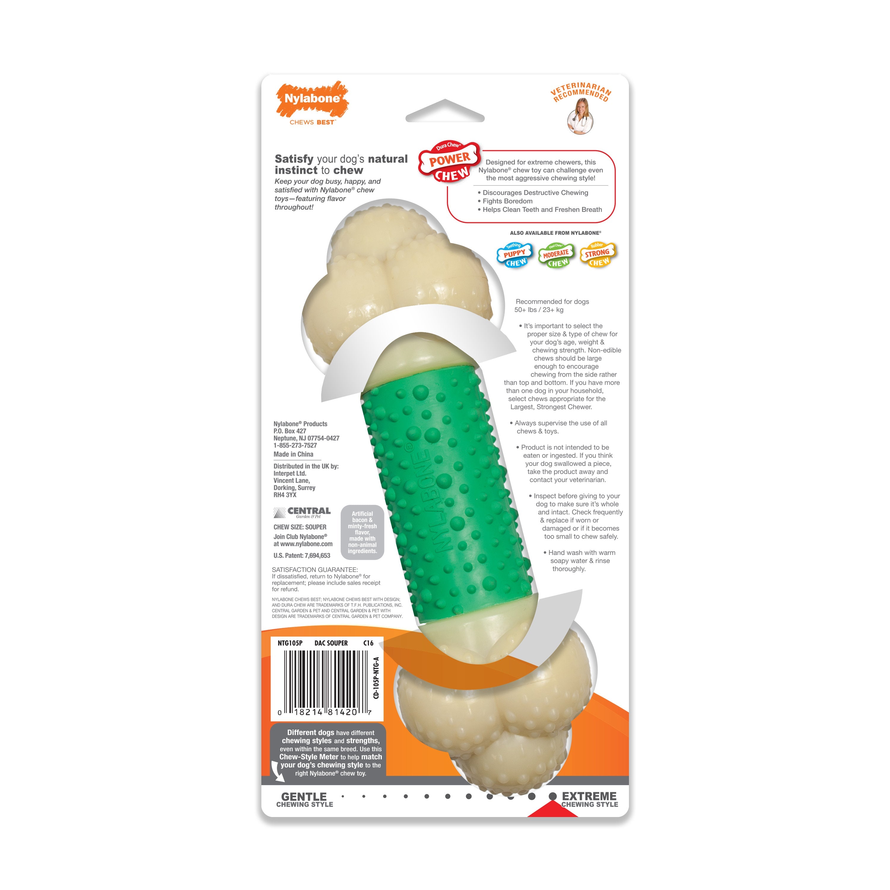 Nylabone Power Chew Double Action Durable Dog Toy Bacon, 1ea/XL/Souper 50 Lbs. 1 ct