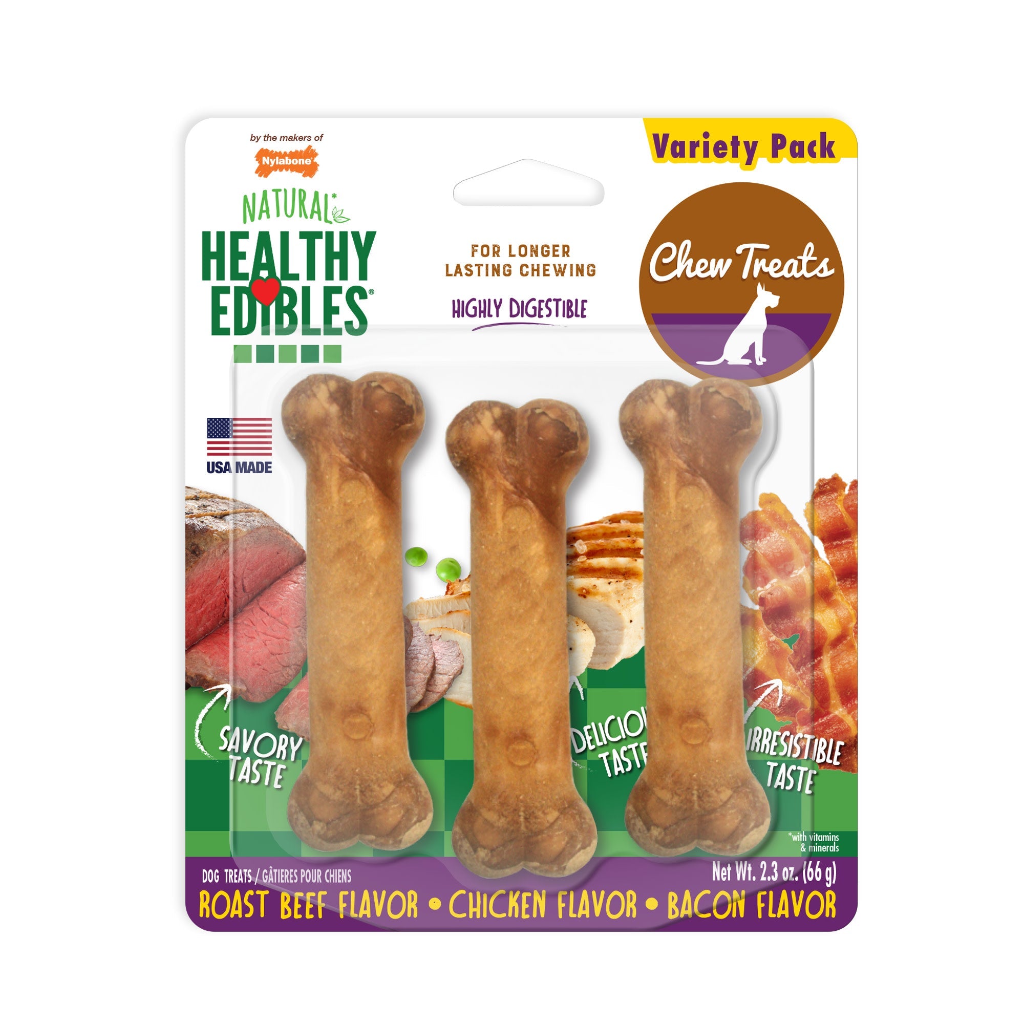 Nylabone Healthy Edibles AllNatural Long Lasting Chew Treats Variety Pack 3 count, 1ea/Petite Up To 15 lb