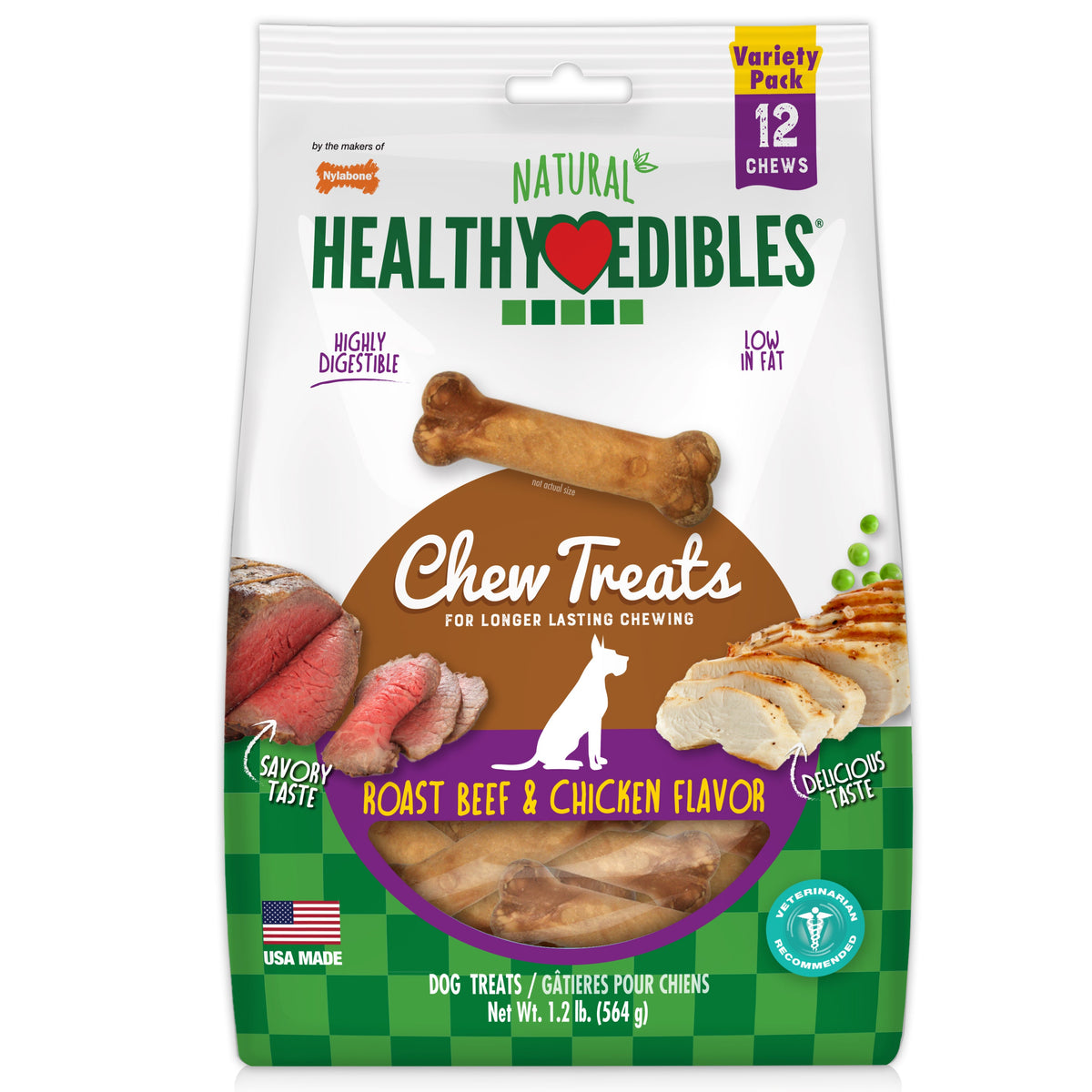 Nylabone Healthy Edibles AllNatural Long Lasting Roast Beef and Chicken Dog Chew Treats Variety, SMall/Regular Up To 25 Ibs. 12 ct