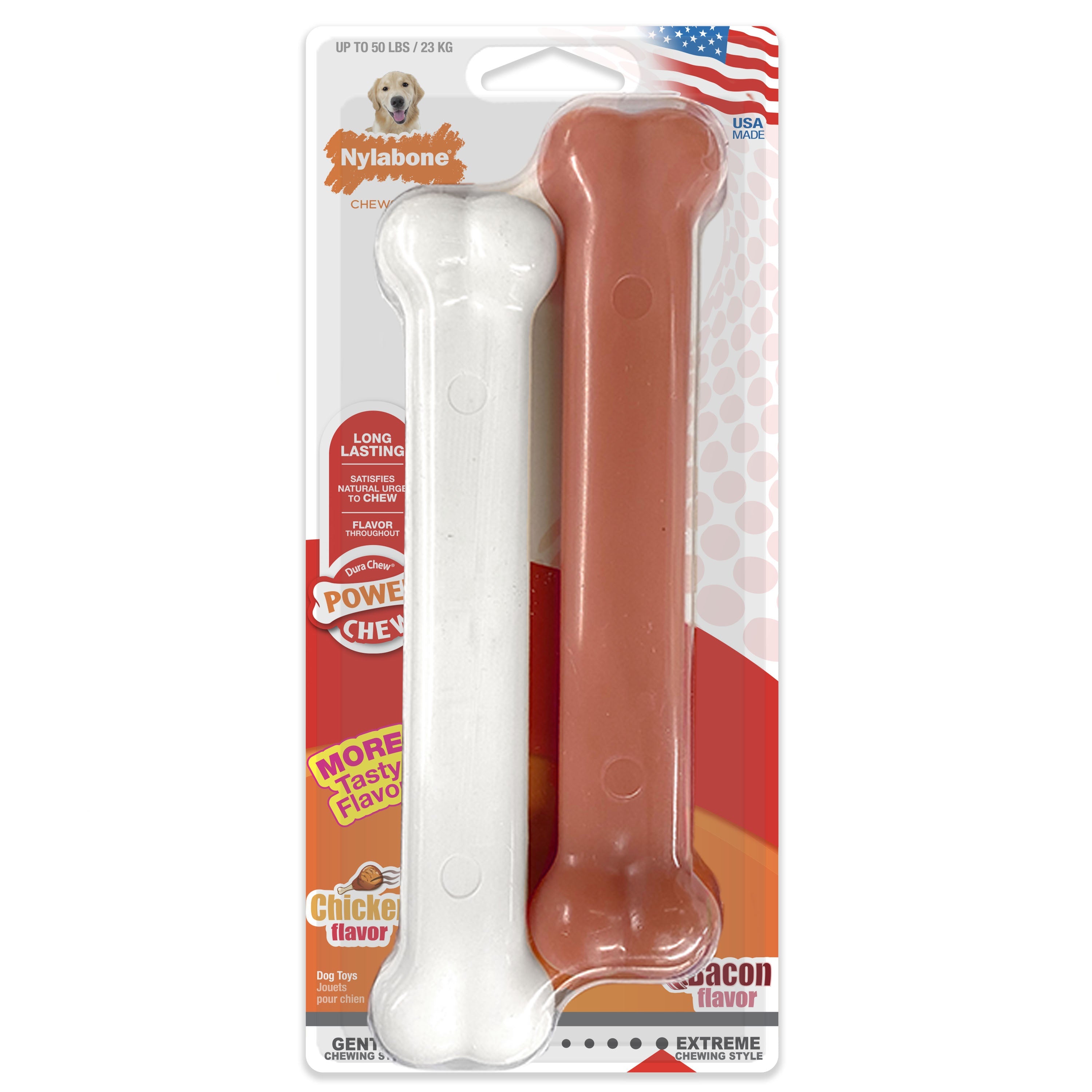 Nylabone Power Chew Bacon Chicken Durable Dog Chew Toy Pack Chicken Bacon, 1ea/Large/Giant Up To 50 Lbs. 2 ct