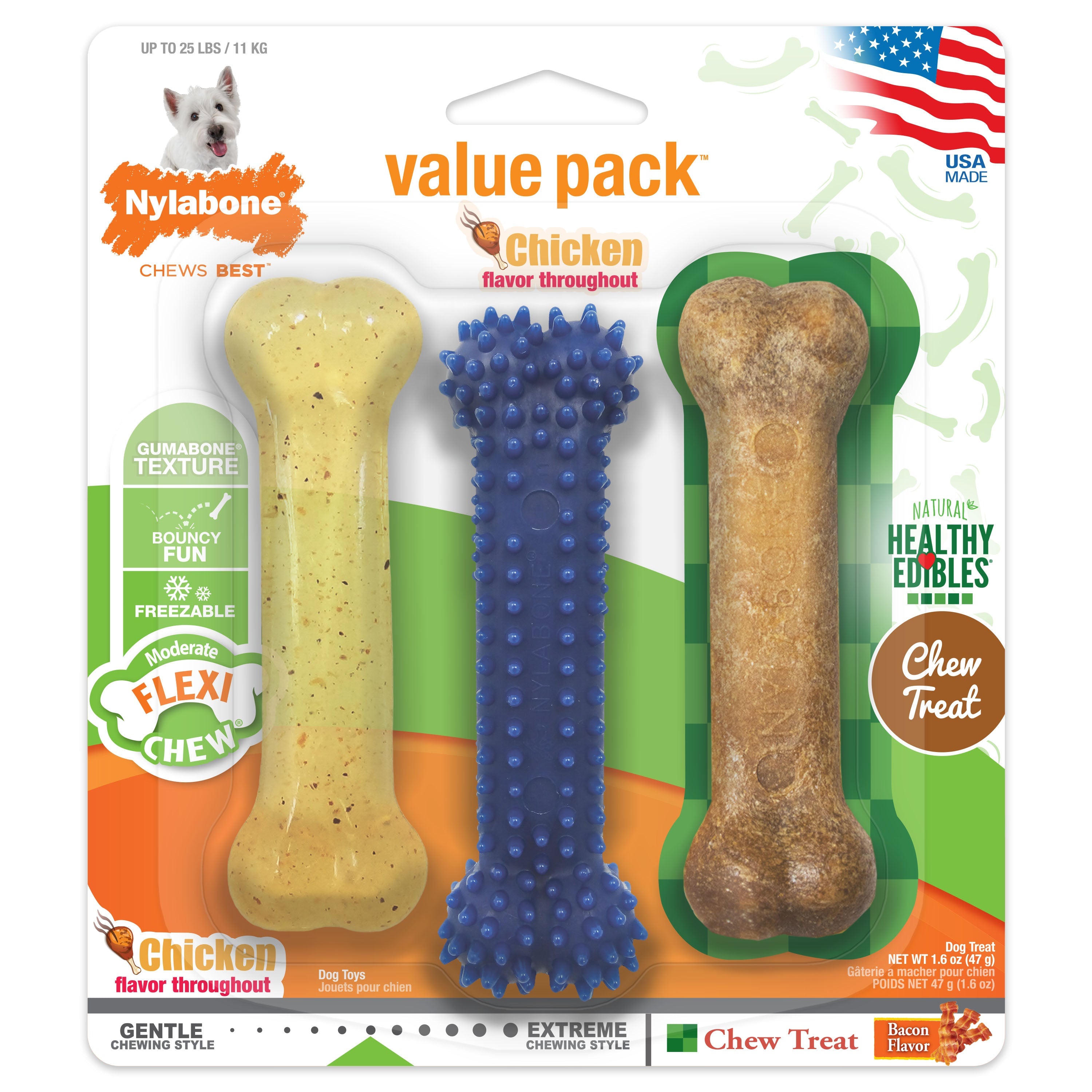 Nylabone Healthy Edibles and Flexi Chew Value Pack Chicken Bacon, 1ea/SMall/Regular Up To 25 Ibs. 3 ct