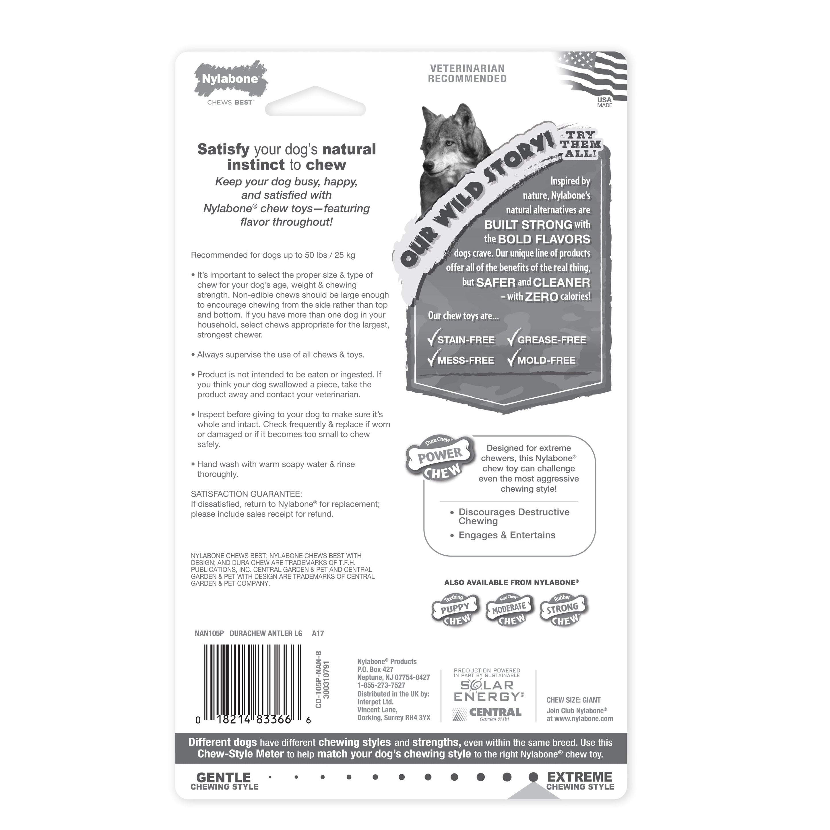 Nylabone Power Chew Antler Dog Chew Alternative Venison, 1ea/Large/Giant Up To 50 Lbs. 1 ct
