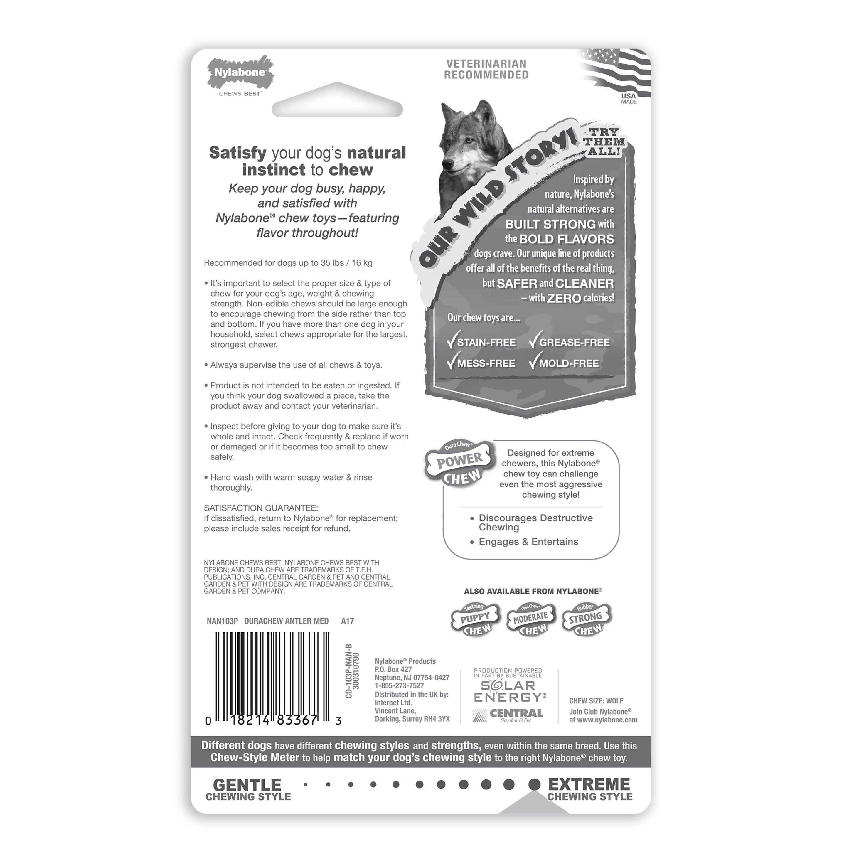 Nylabone Power Chew Antler Dog Chew Alternative Venison, 1ea/Medium/Wolf Up To 35 Lbs. 1 ct