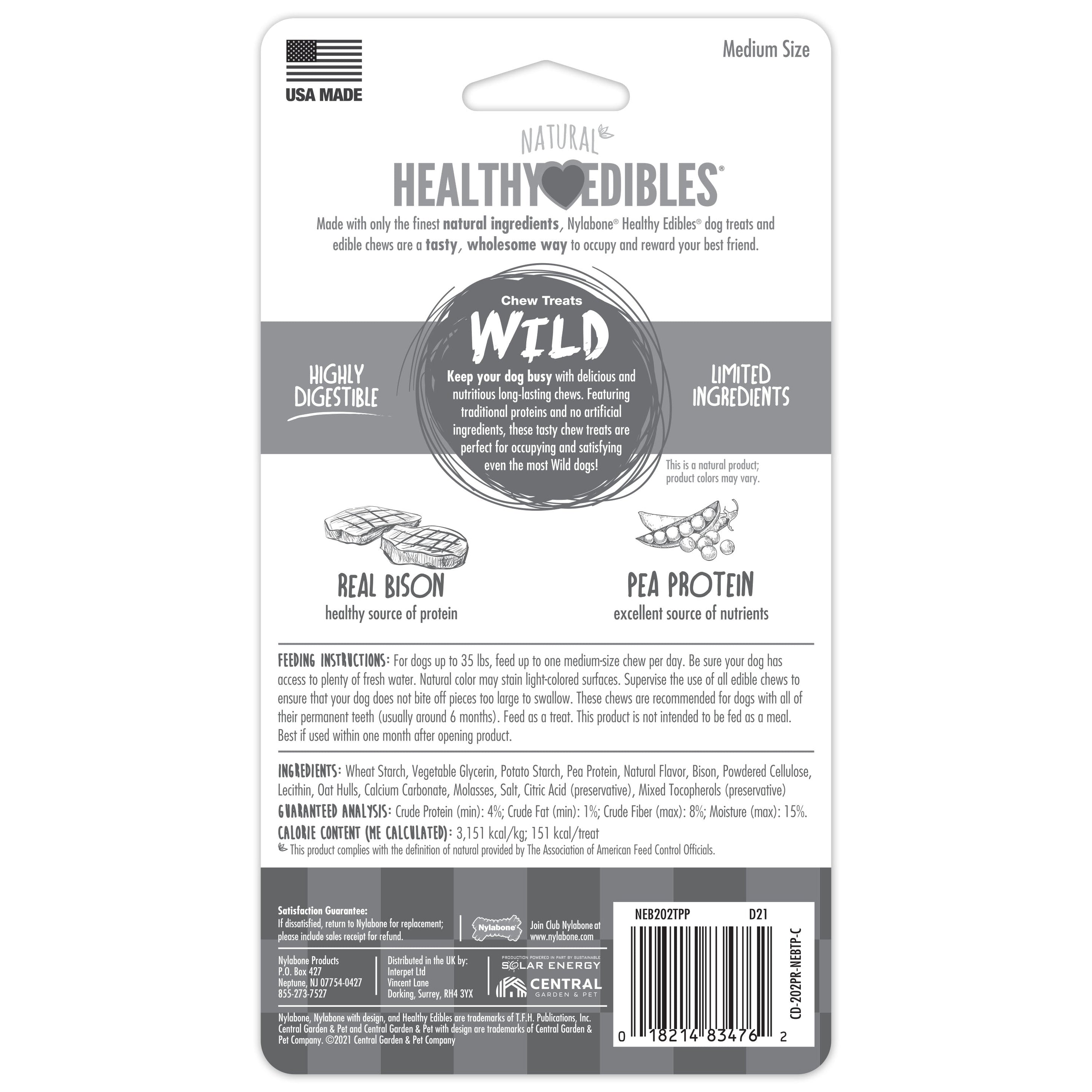 Nylabone Healthy Edibles WILD Natural Long Lasting Bison Dog Chew Treats Bison, Medium/Wolf Up To 35 Lbs. 2 ct