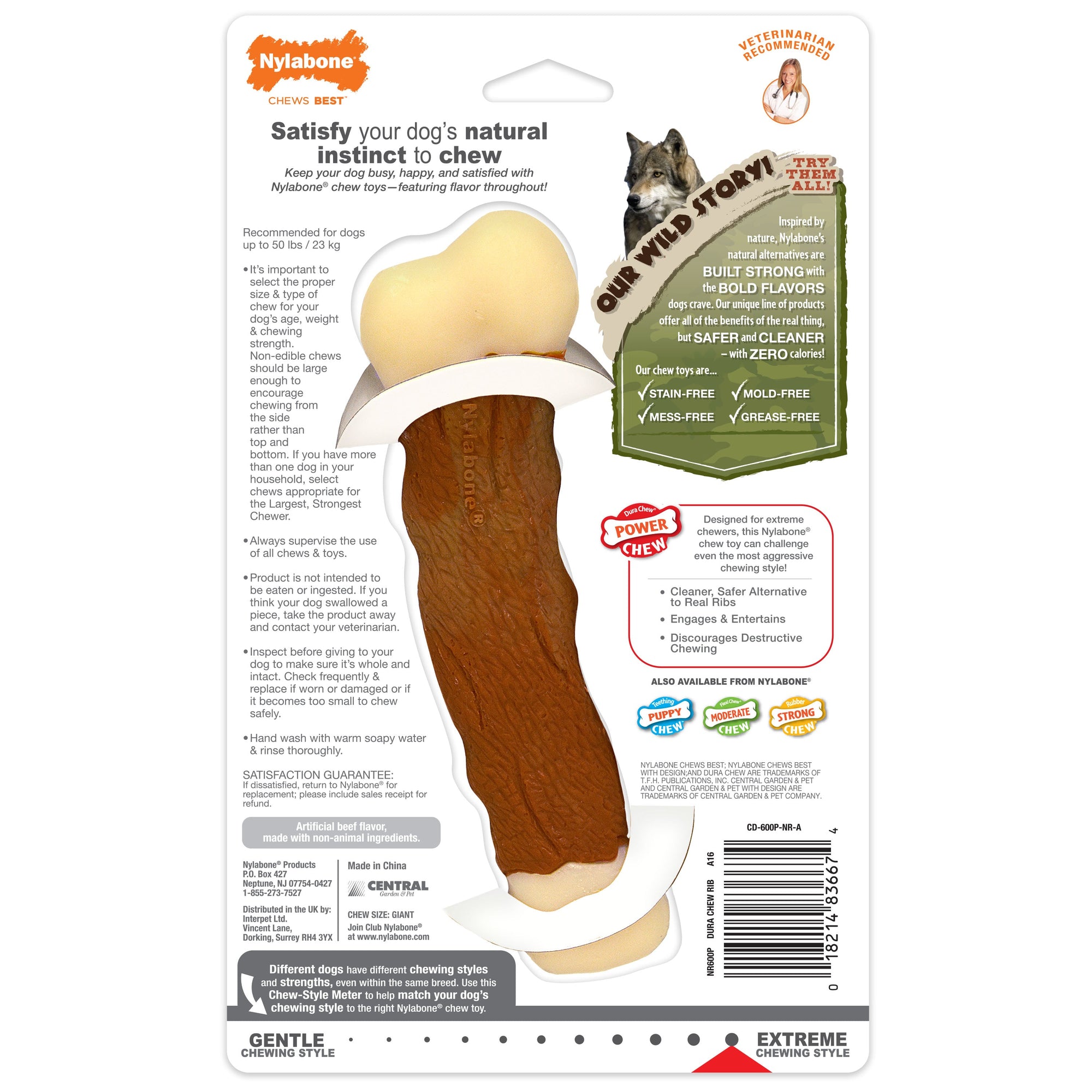 Nylabone Dura Chew Power Chew Meaty Rib Alternative Dog Chew Toy Beef