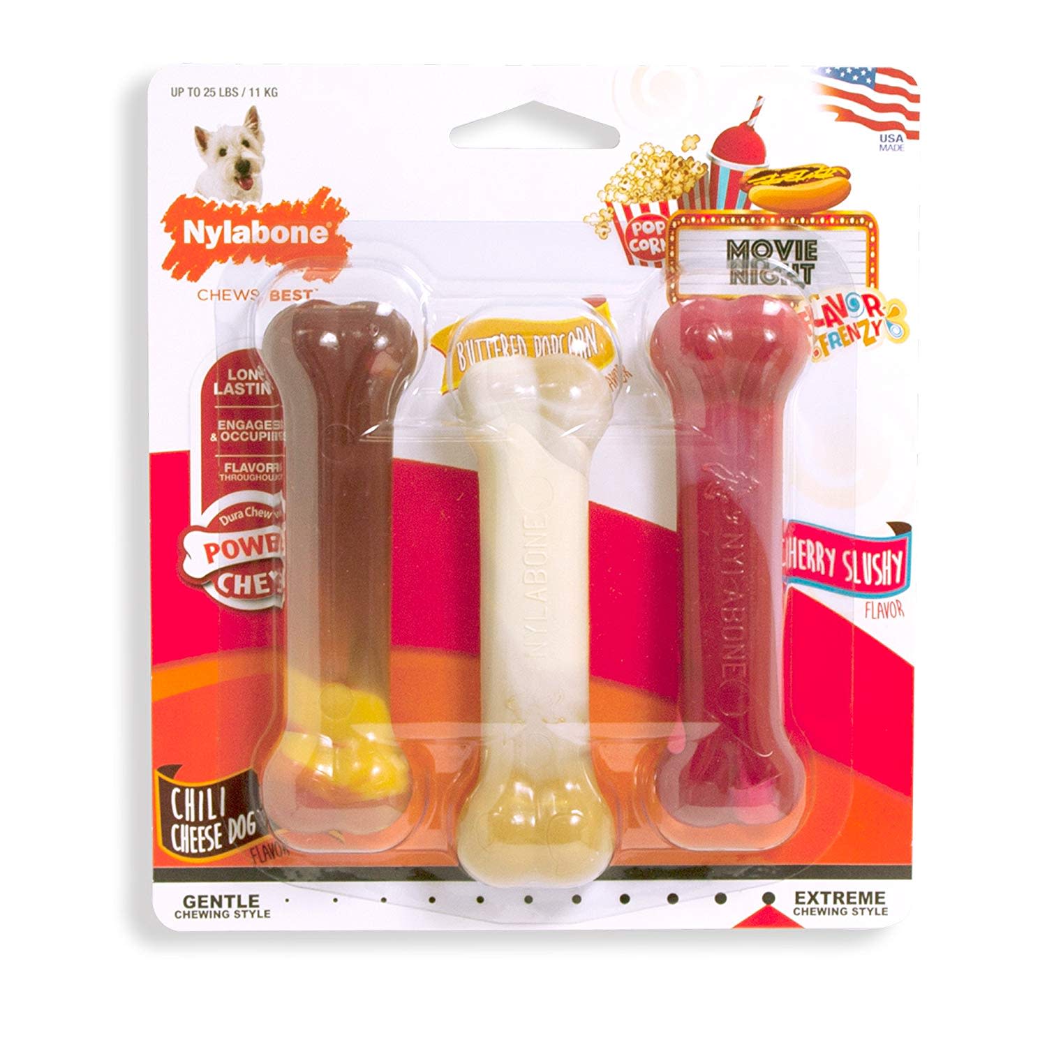 Nylabone Flavor Frenzy Power Chew Triple Pack Chili Cheese Dog, Popcorn Cherry, 1ea/SMall/Regular Up To 25 Ibs. 3 ct