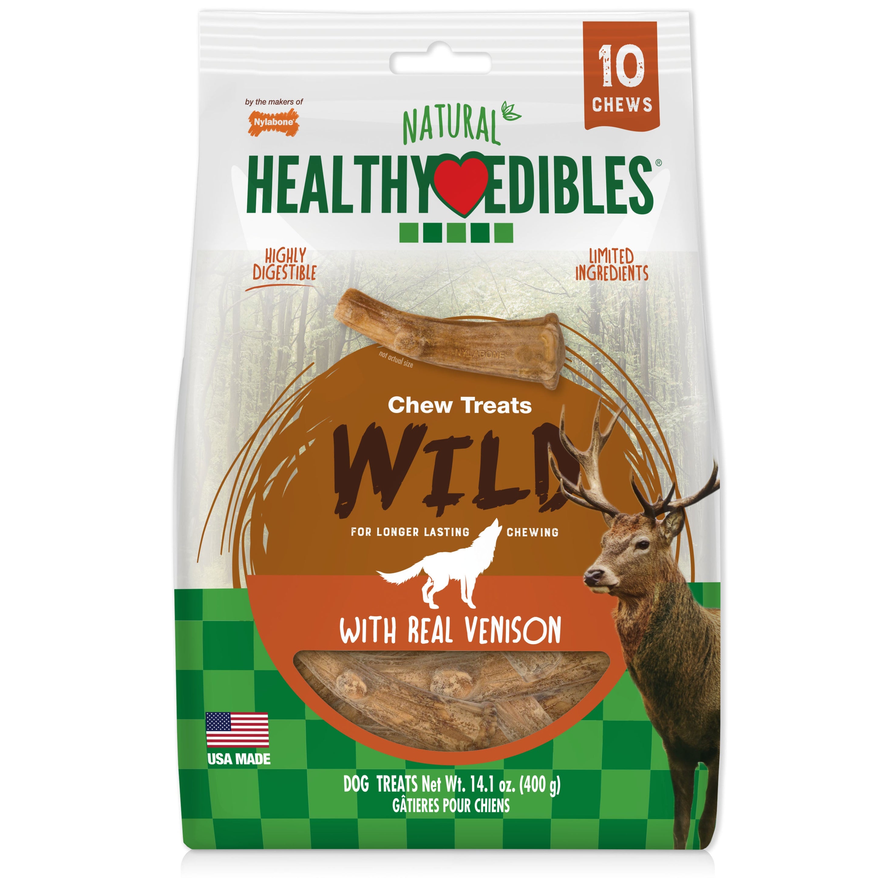 Nylabone Healthy Edibles WILD Antler Natural Long Lasting Dog Chew Treats Venison, Large/Giant Up To 50 Lbs. 10 ct