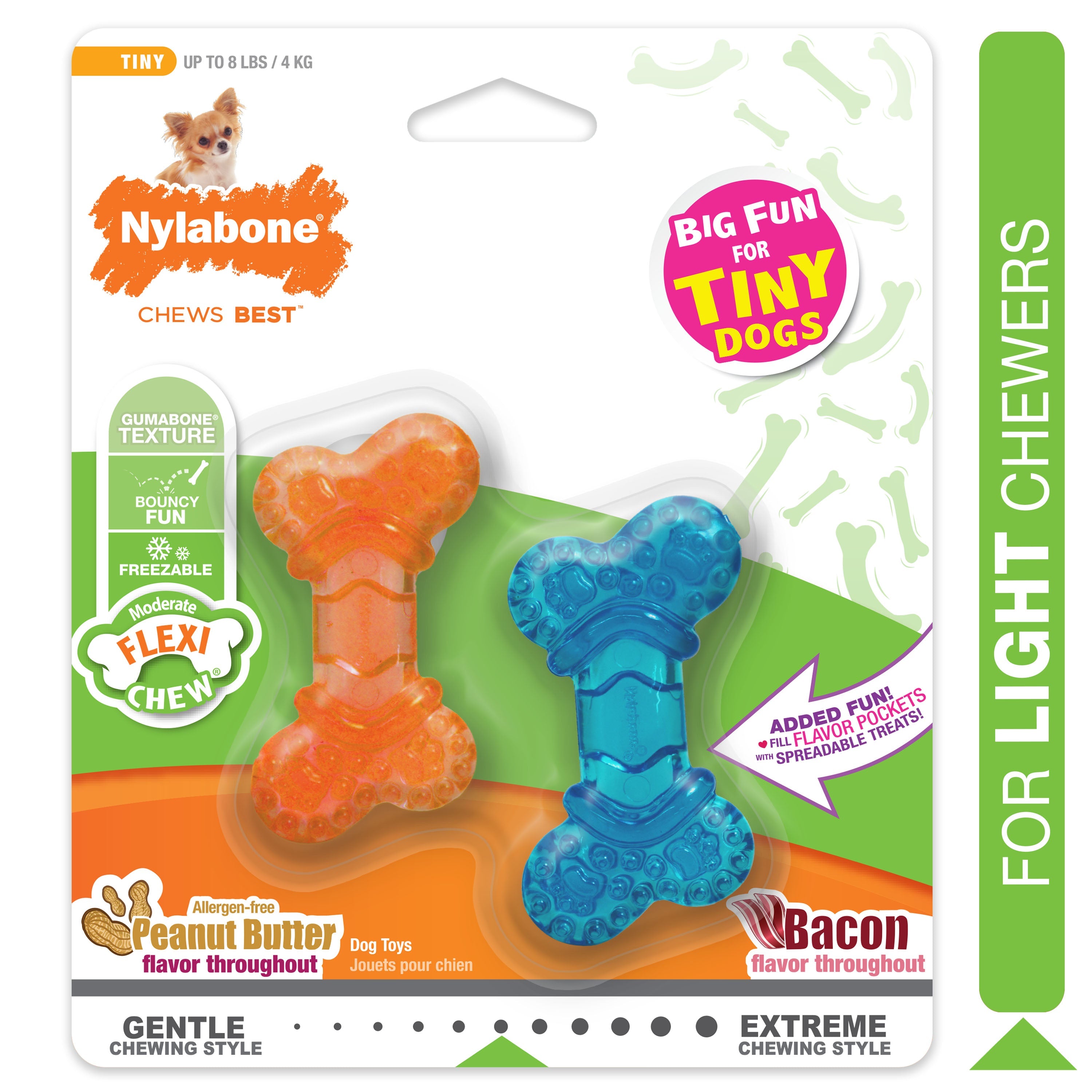 Nylabone Moderate Chew FlexiChew Bone Peanut Butter Bacon, Orange Blue, 1ea/XXS/Tiny Up To 8 Lbs. 2 ct