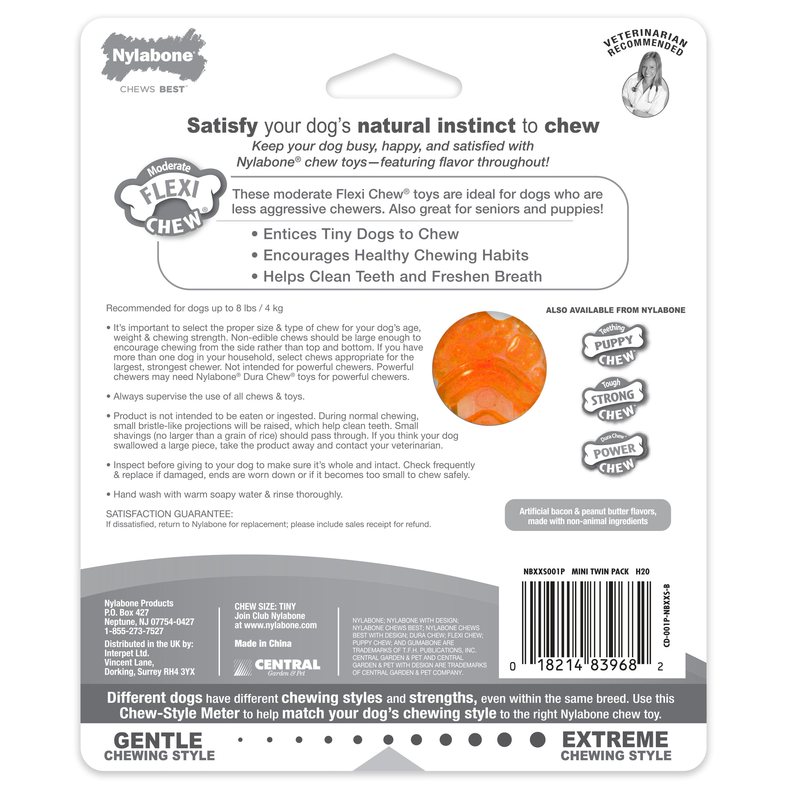 Nylabone Moderate Chew FlexiChew Bone Peanut Butter Bacon, Orange Blue, 1ea/XXS/Tiny Up To 8 Lbs. 2 ct