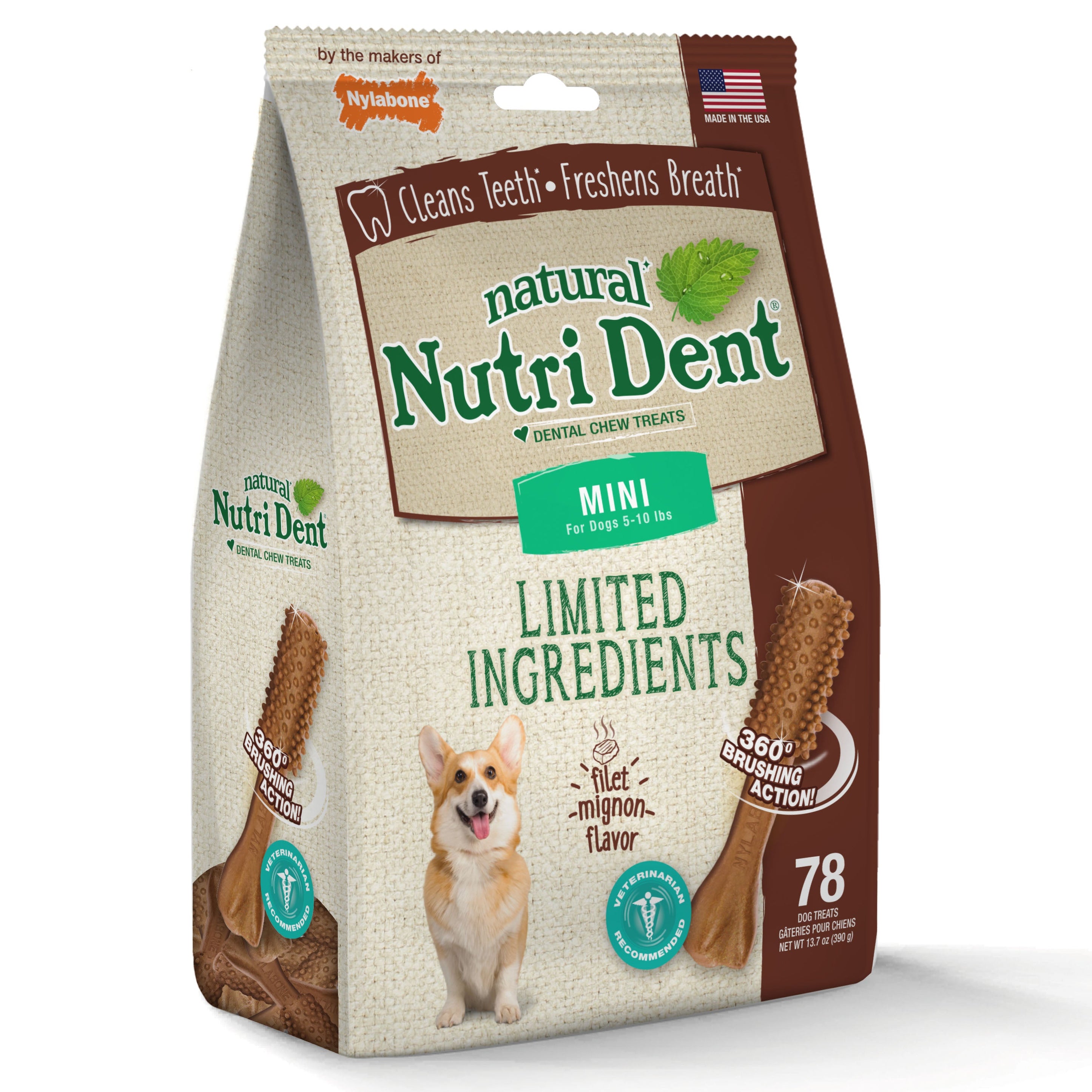 Nylabone Nutri Dent Filet Mignon Dog Dental Chews Filet Mignon, 1ea/Mini 5 Lbs. To 10 Lbs. 78 ct