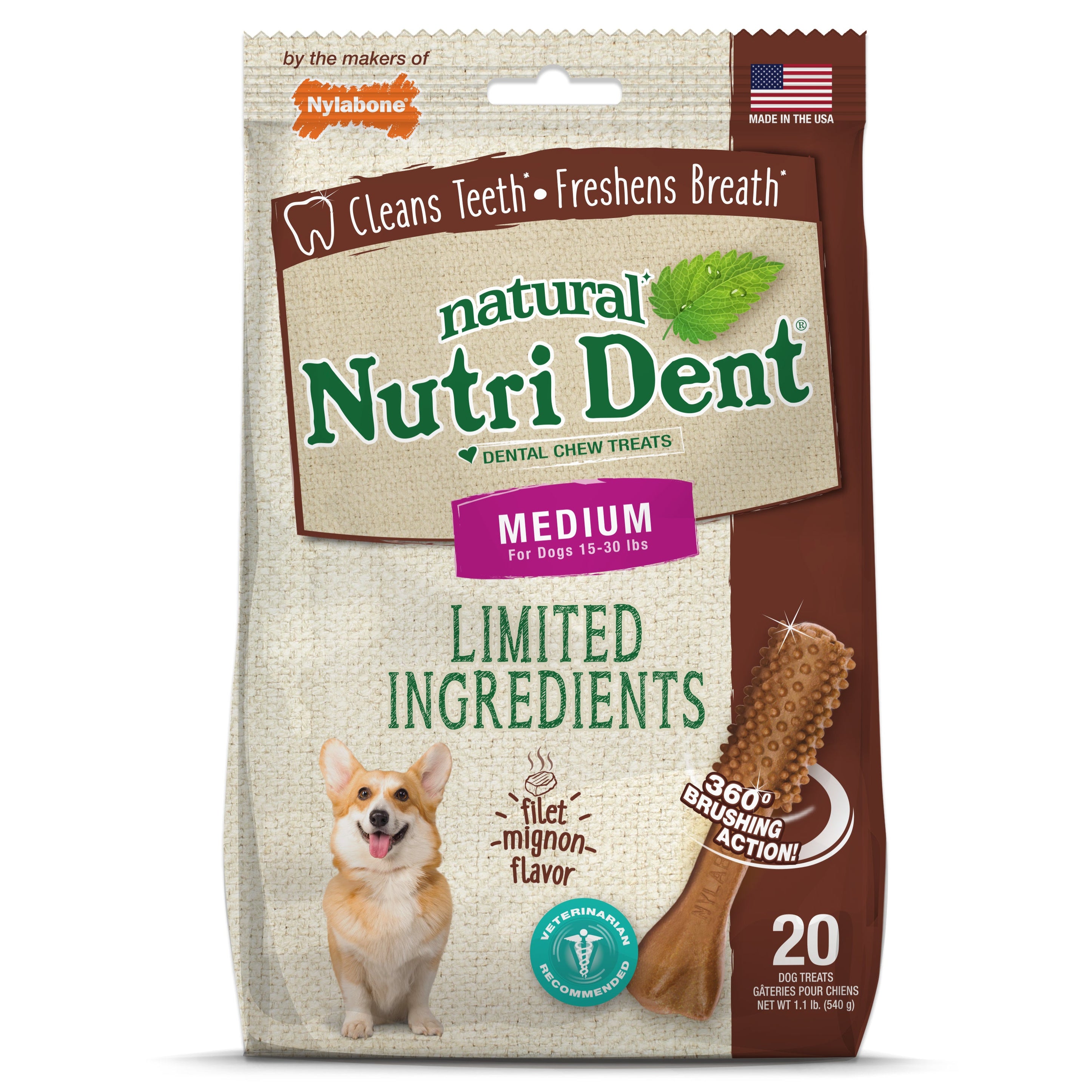 Nylabone Nutri Dent Filet Mignon Dog Dental Chews Filet Mignon Medium - 15 Lbs. To 30 lb (20 ct)