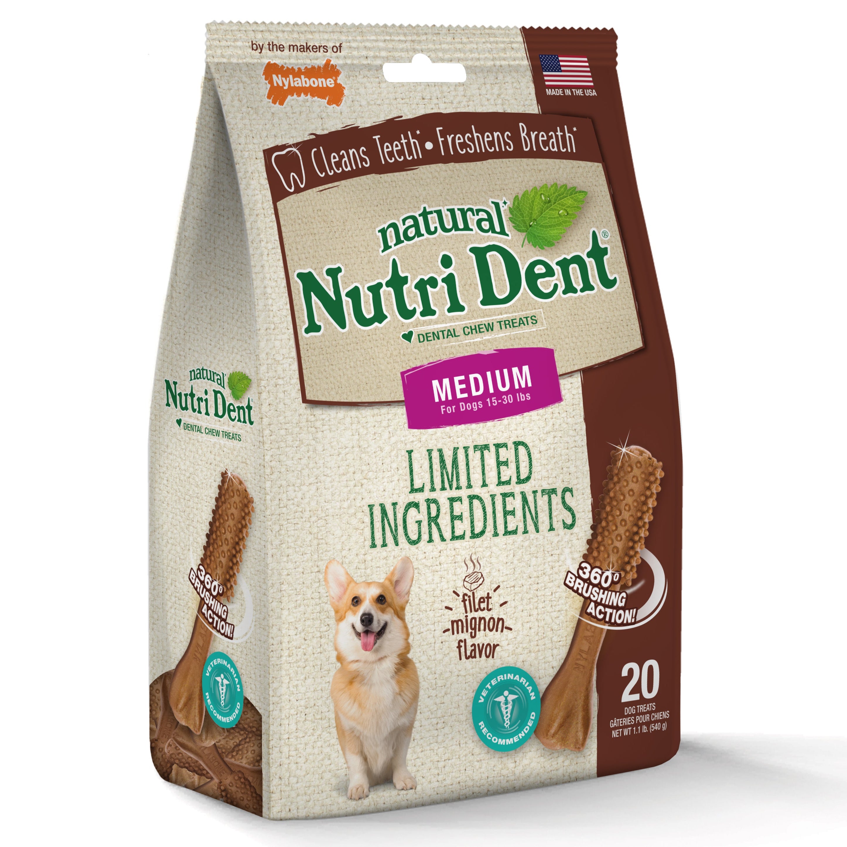 Nylabone Nutri Dent Filet Mignon Dog Dental Chews Filet Mignon Medium - 15 Lbs. To 30 lb (20 ct)