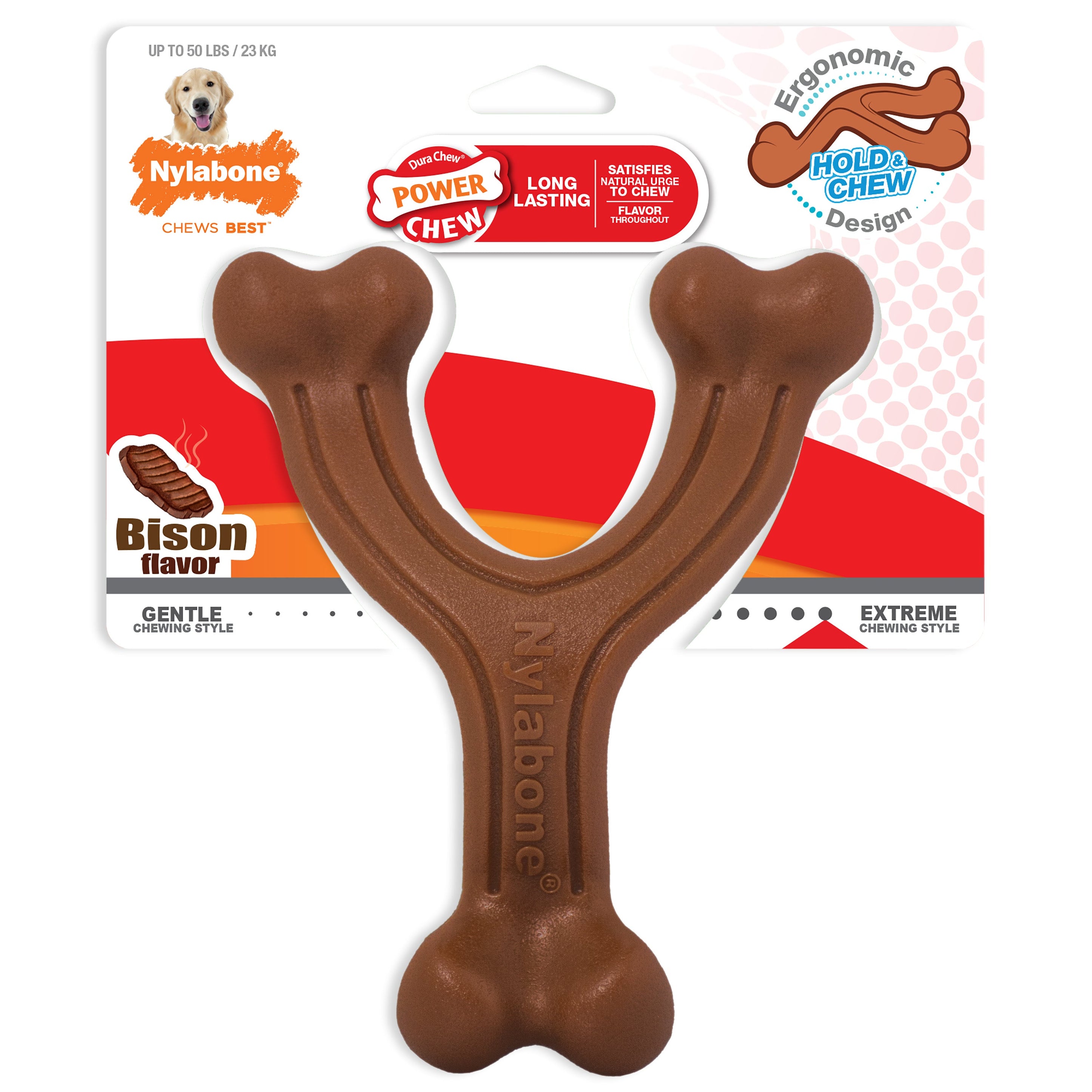 Nylabone Ergonomic Hold Chew Wishbone Power Chew Durable Dog Toy Bison, 1ea/Large/Giant Up To 50 lb