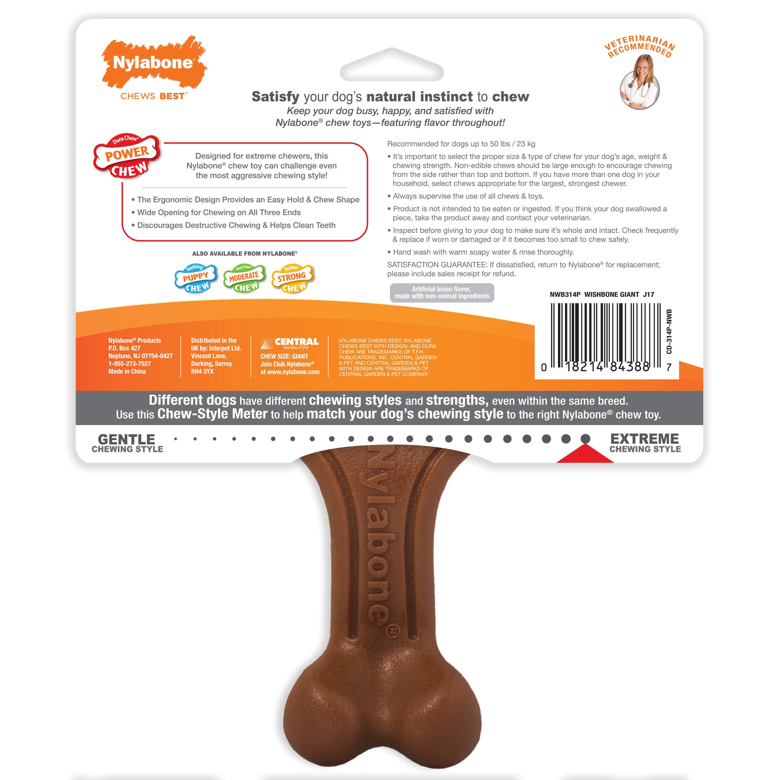 Nylabone Ergonomic Hold Chew Wishbone Power Chew Durable Dog Toy Bison, 1ea/Large/Giant Up To 50 lb