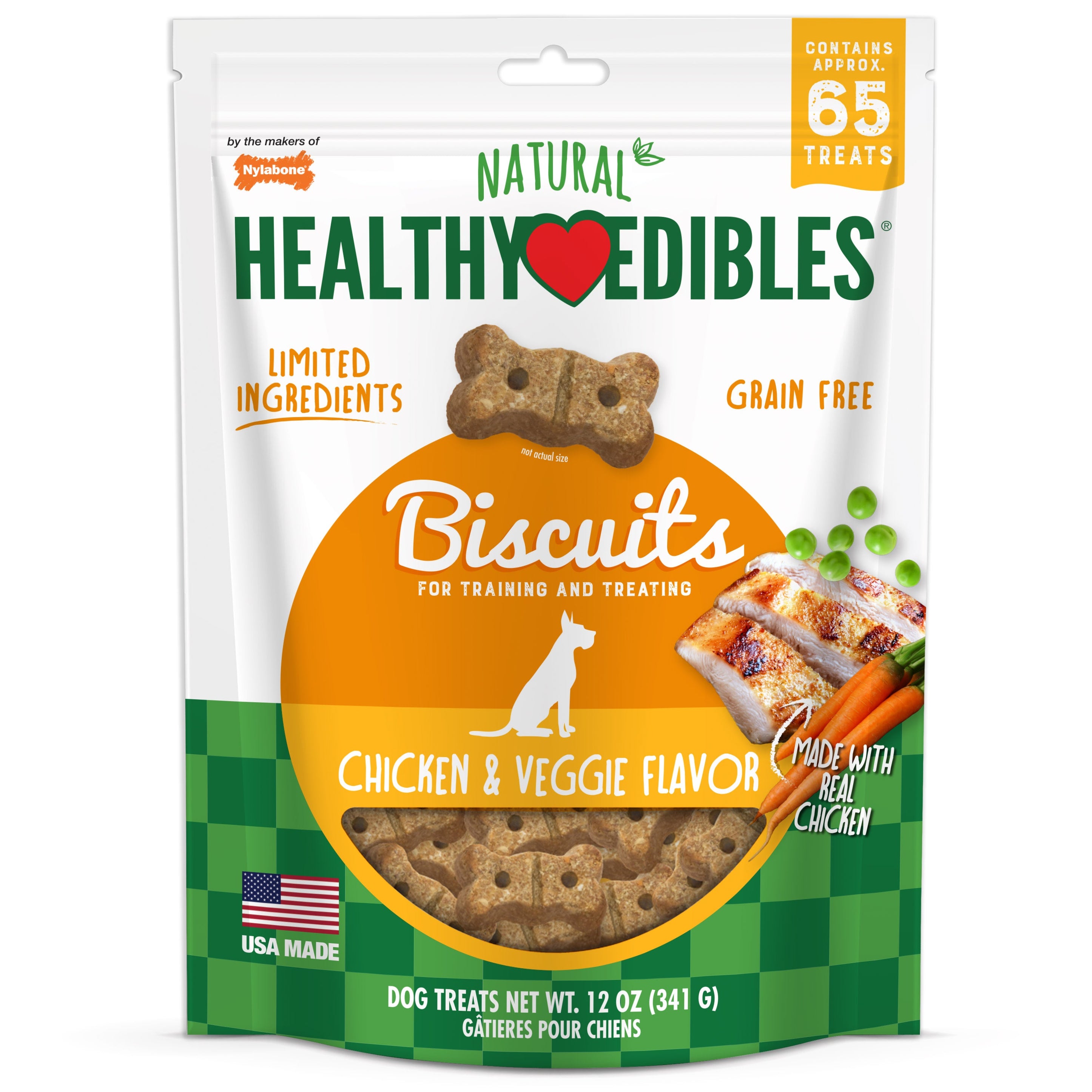 Nylabone Healthy Edibles Biscuits Grain Free Dog Treats Chicken & Veggie 1ea/12 oz