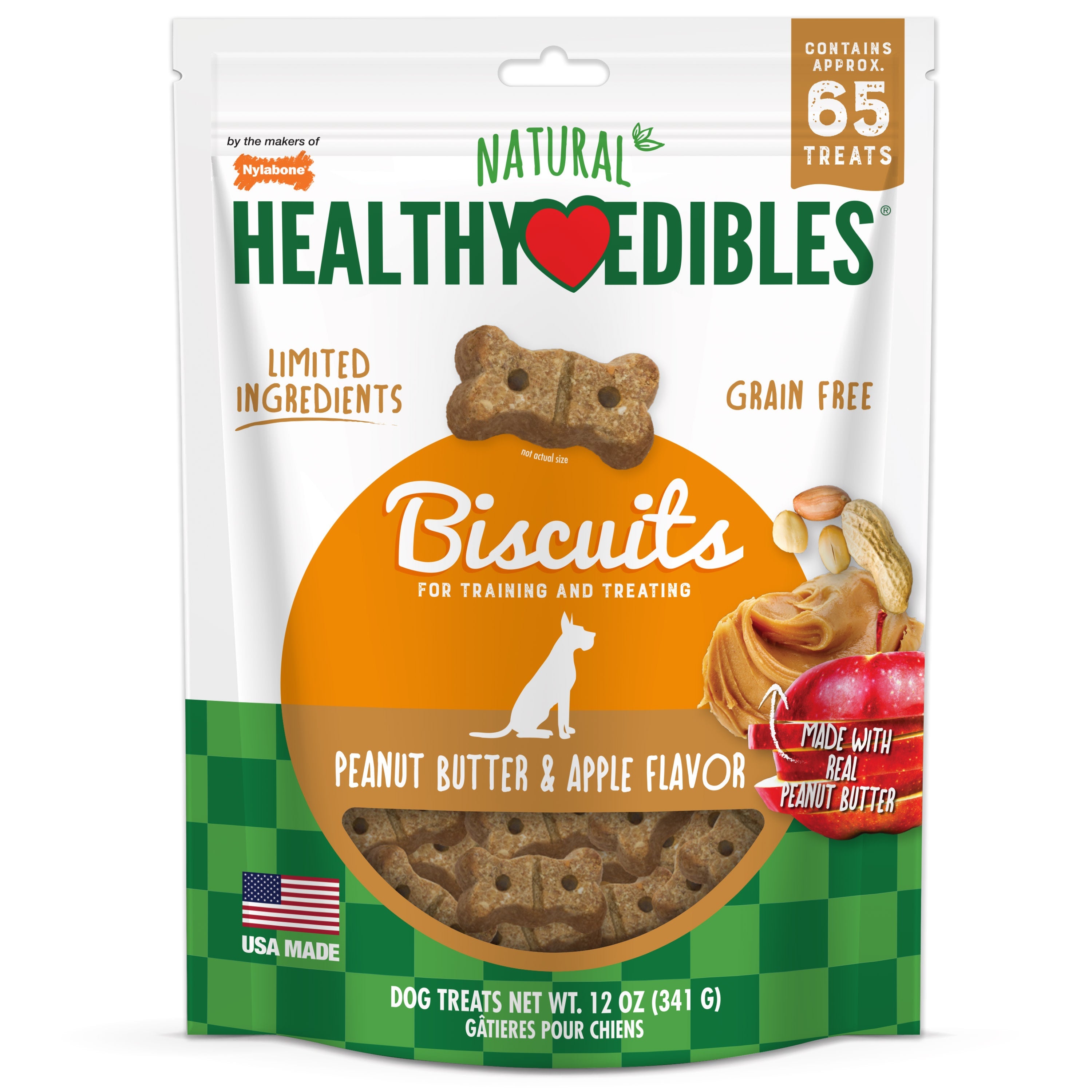 Nylabone Healthy Edibles Biscuits Grain Free Dog Treats Peanut Butter & Apple 1ea/12 oz