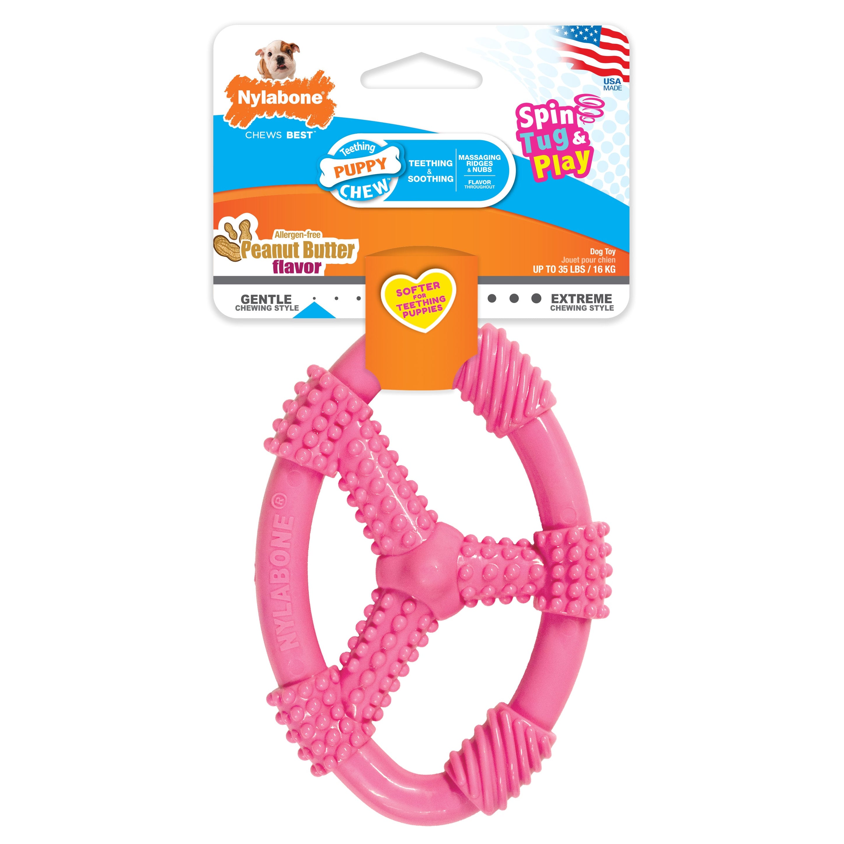 Nylabone Puppy Chew Spin Tug Play Toy Peanut Butter, Pink, 1ea/Medium/Wolf Up To 35 Lbs. 1 ct