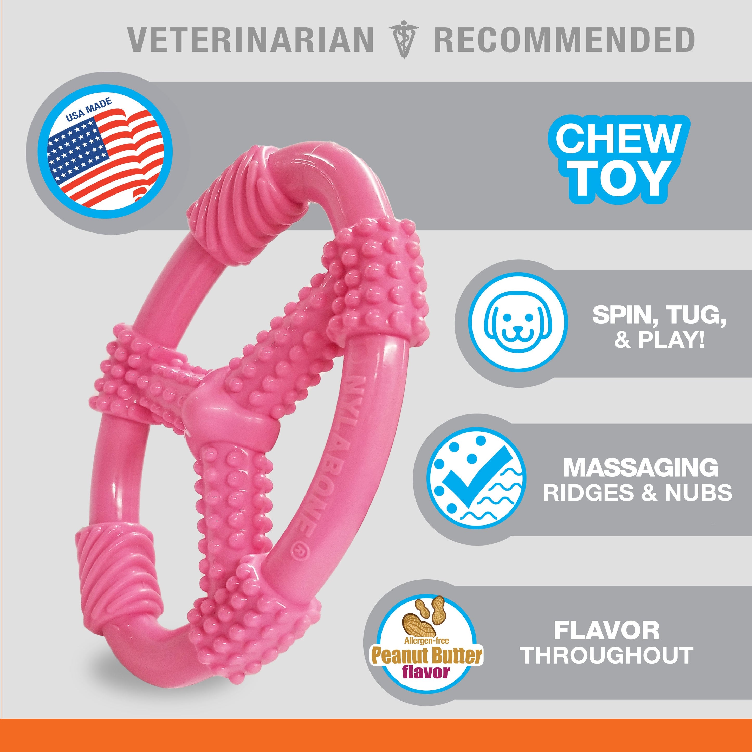 Nylabone Puppy Chew Spin Tug Play Toy Peanut Butter, Pink, 1ea/Medium/Wolf Up To 35 Lbs. 1 ct