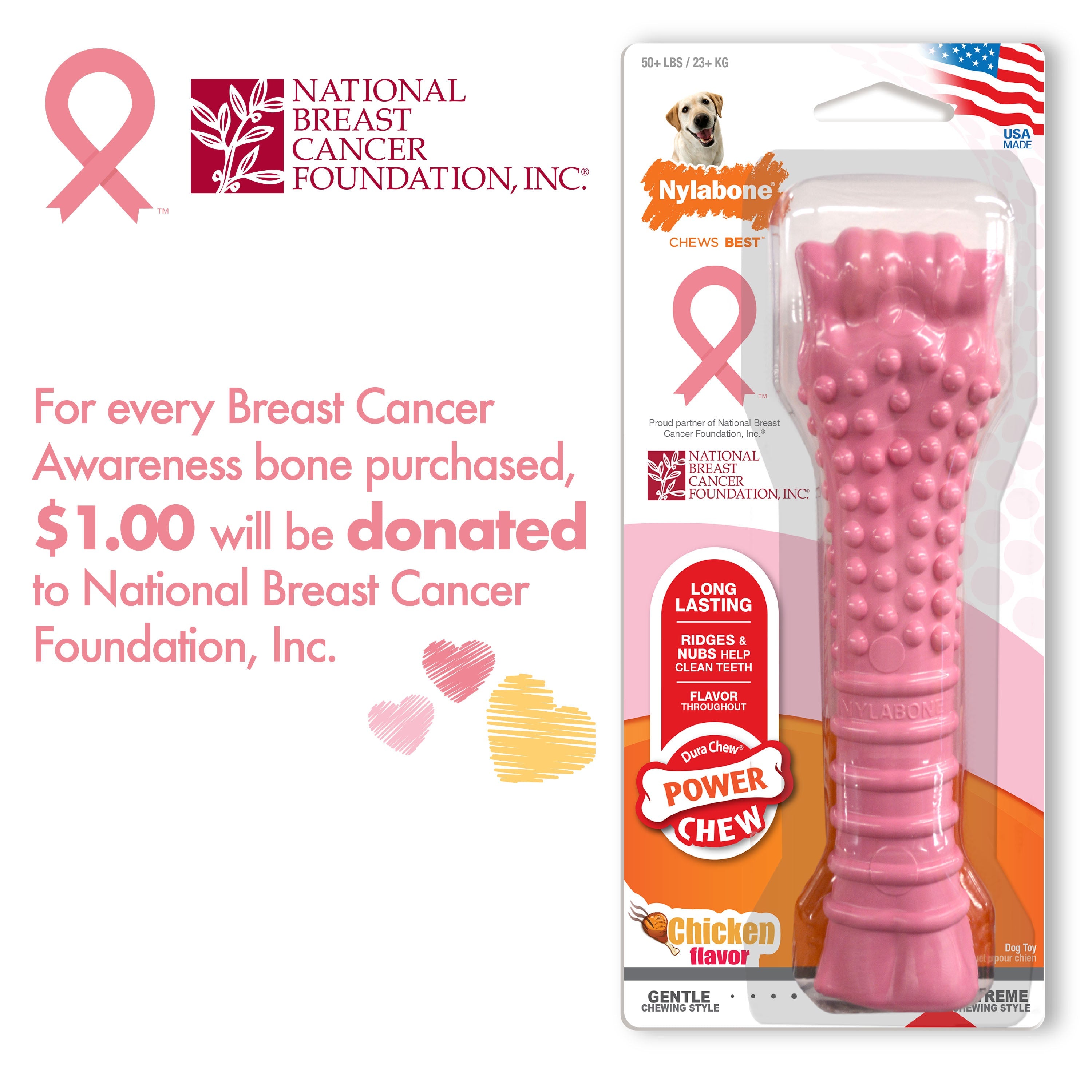 Nylabone Power Chew Breast Cancer Awareness Pink Souper Bone Dog Chew Toy Chicken, 1ea/XL/Souper 50 Lbs. 1 ct