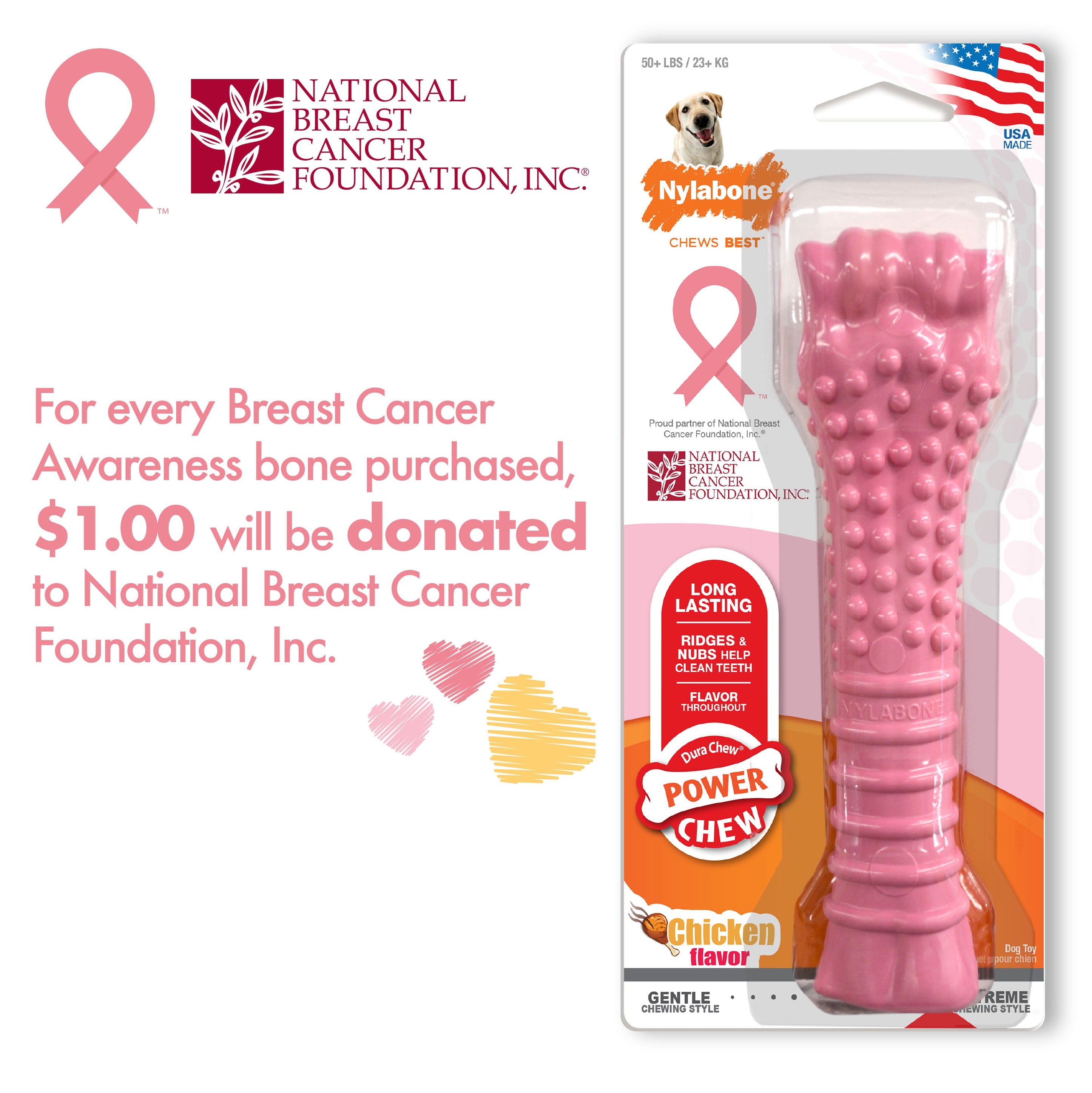 Nylabone Power Chew Breast Cancer Awareness Pink Souper Bone Dog Chew Toy Chicken, 1ea/XL/Souper 50 Lbs. 1 ct