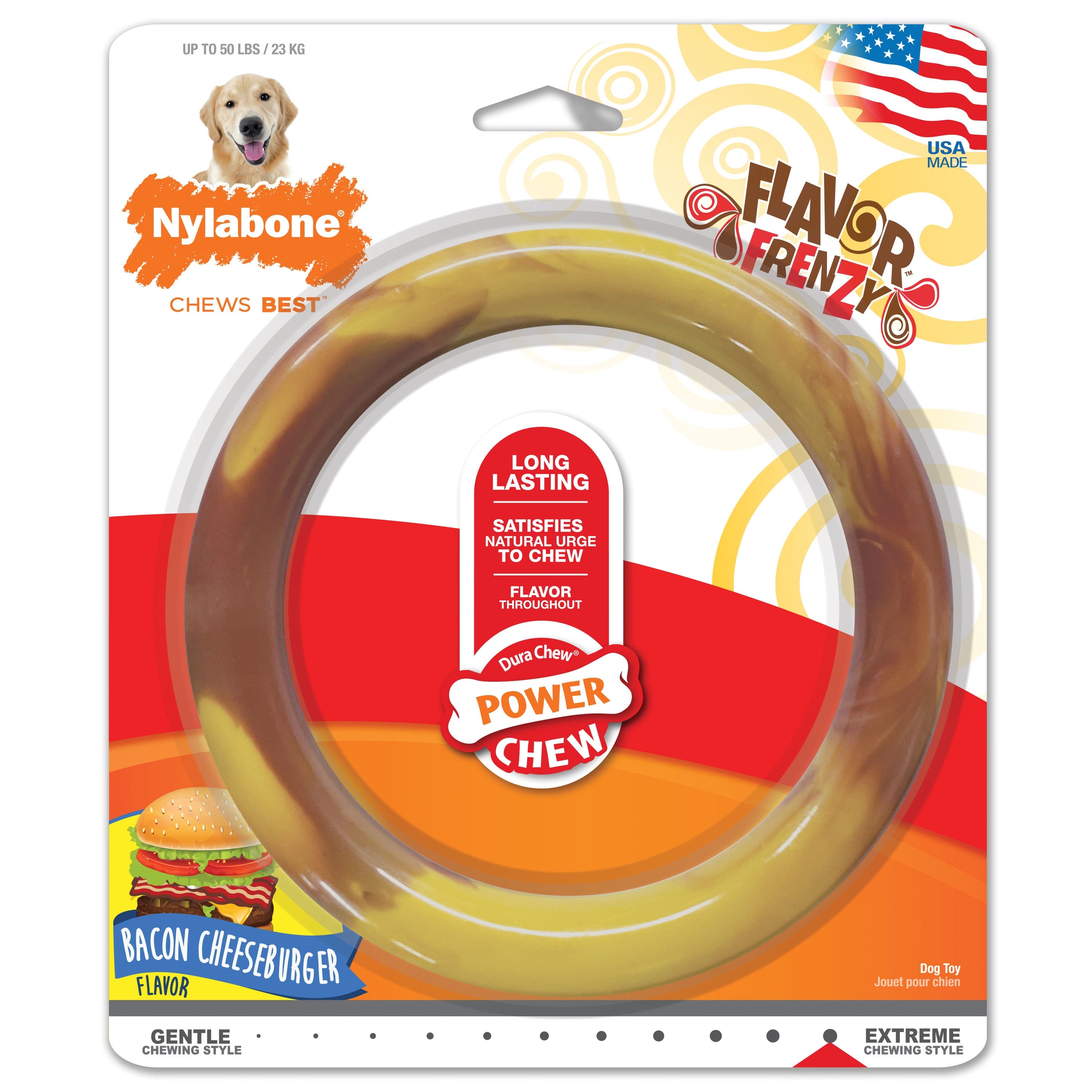 Nylabone Power Chew Flavor Frenzy Ring Dog Chew Toy Bacon Cheeseburger, 1ea/Large/Giant Up To 50 Lbs. 1 ct