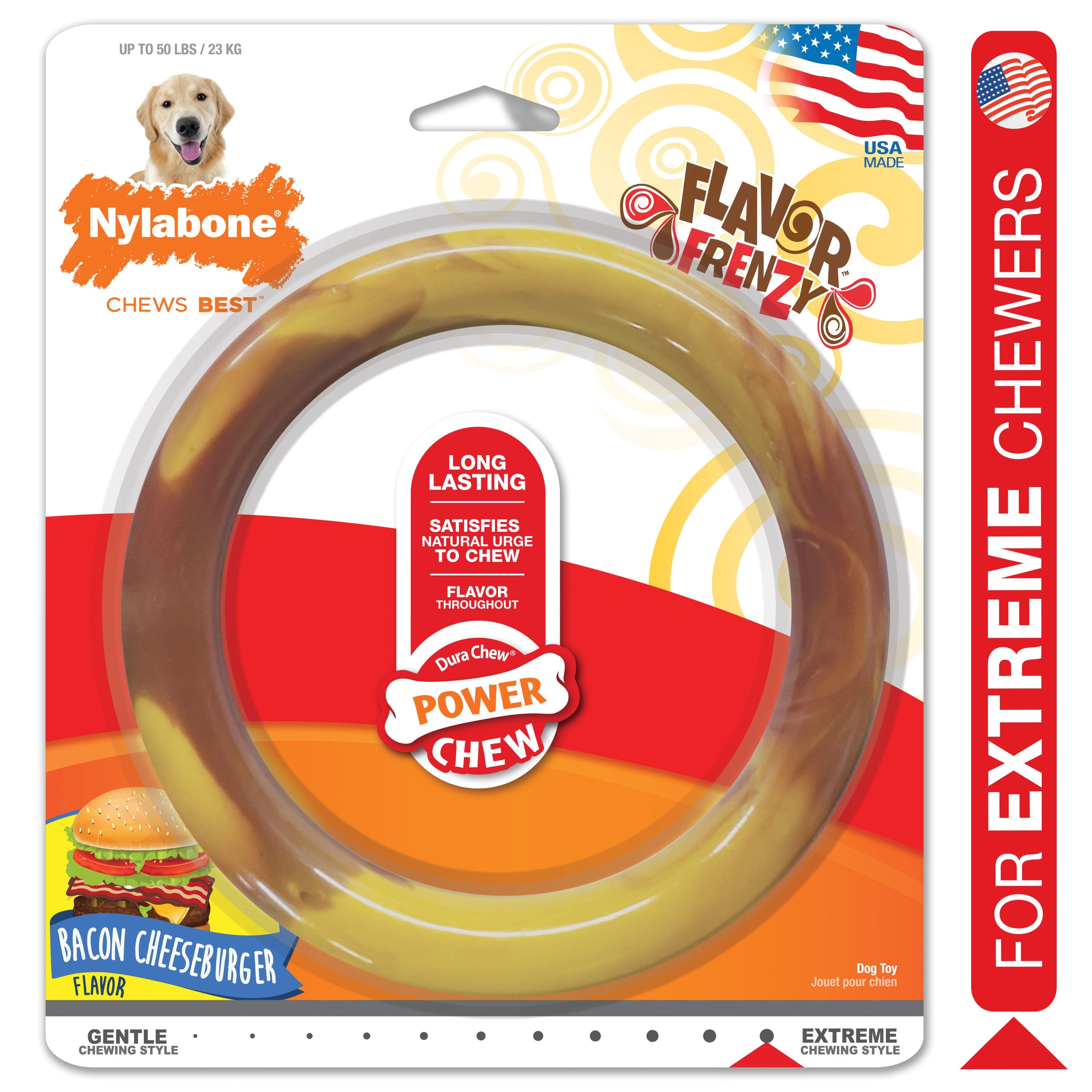Nylabone Power Chew Flavor Frenzy Ring Dog Chew Toy Bacon Cheeseburger, 1ea/Large/Giant Up To 50 Lbs. 1 ct