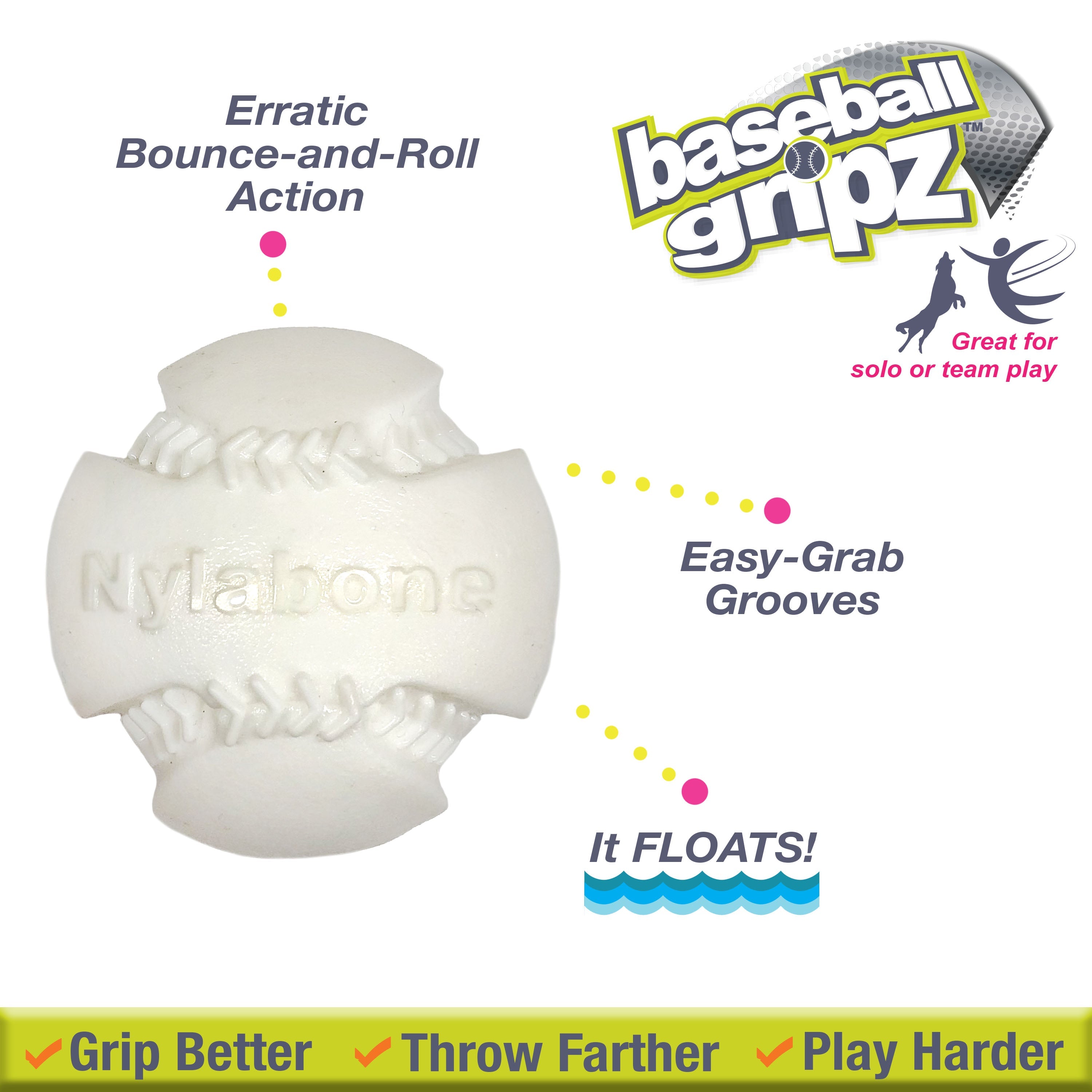 Nylabone Power Play Dog Baseball Gripz 1ea/Medium/Wolf Up To 35 Lbs. 1 ct