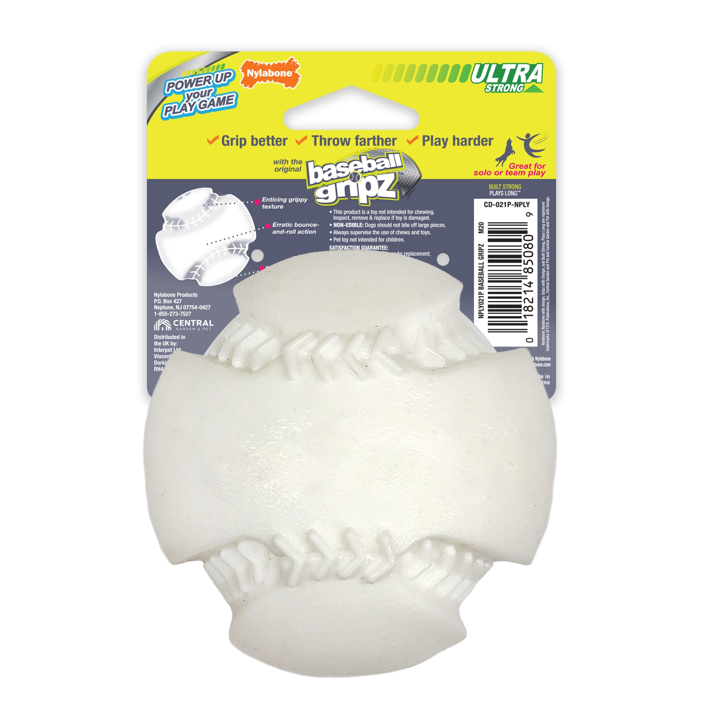 Nylabone Power Play Dog Baseball Gripz 1ea/Medium/Wolf - Up To 35 lb