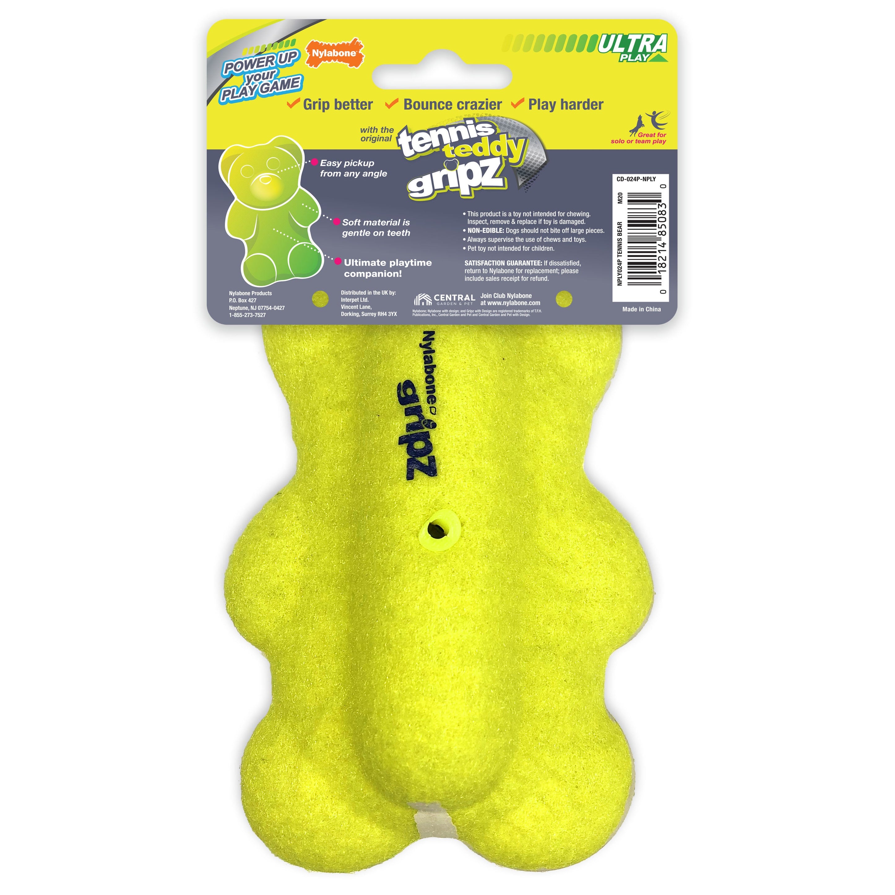 Nylabone Power Play Tennis Teddy Gripz Bear Dog Toy 1ea/Medium/Wolf Up To 35 Lbs. 1 ct