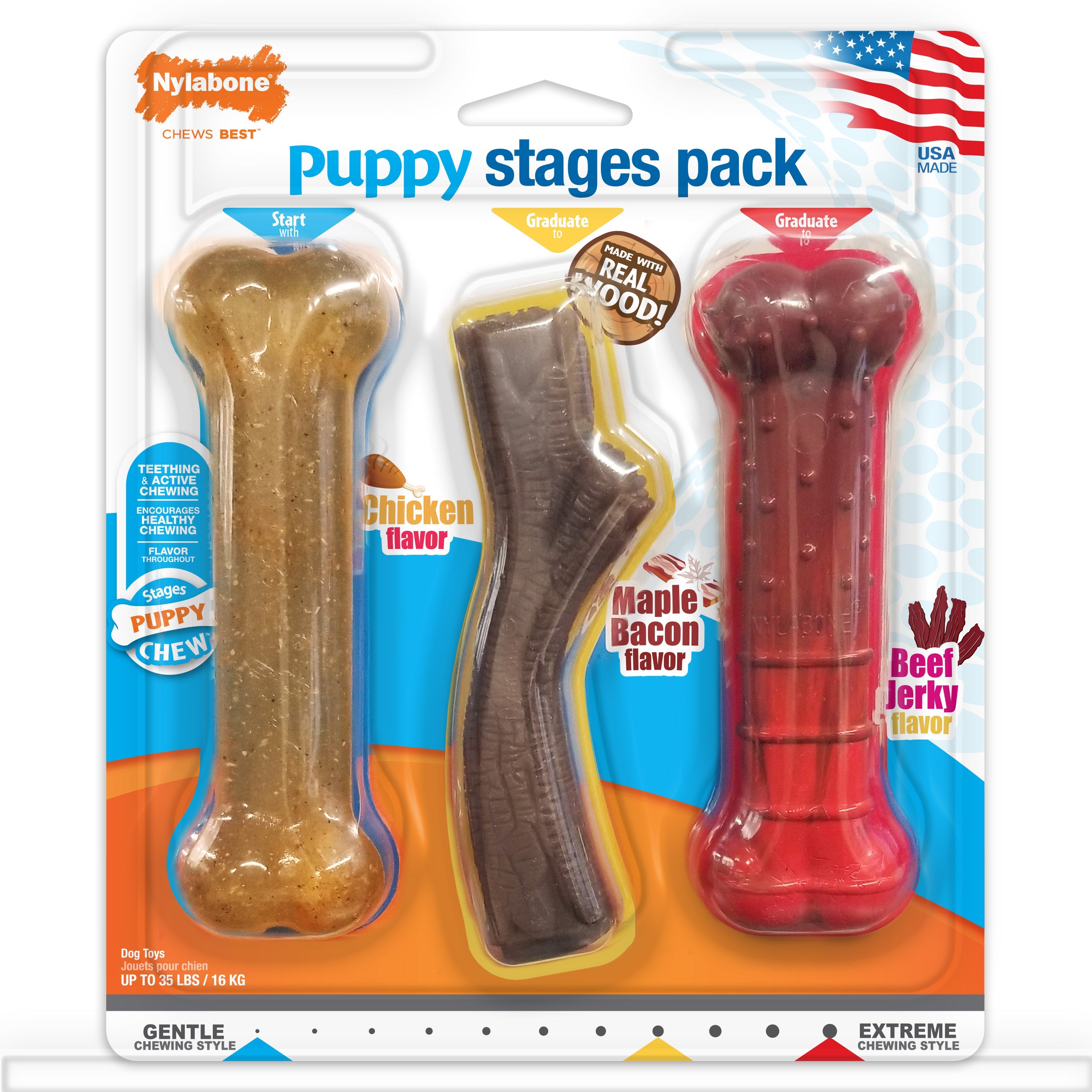 Nylabone Puppy Chew Stages Triple Pack Chewy Toys Chicken, Bacon, Beef Jerky, 1ea/Medium/Wolf Up To 35 Lbs. 3 ct