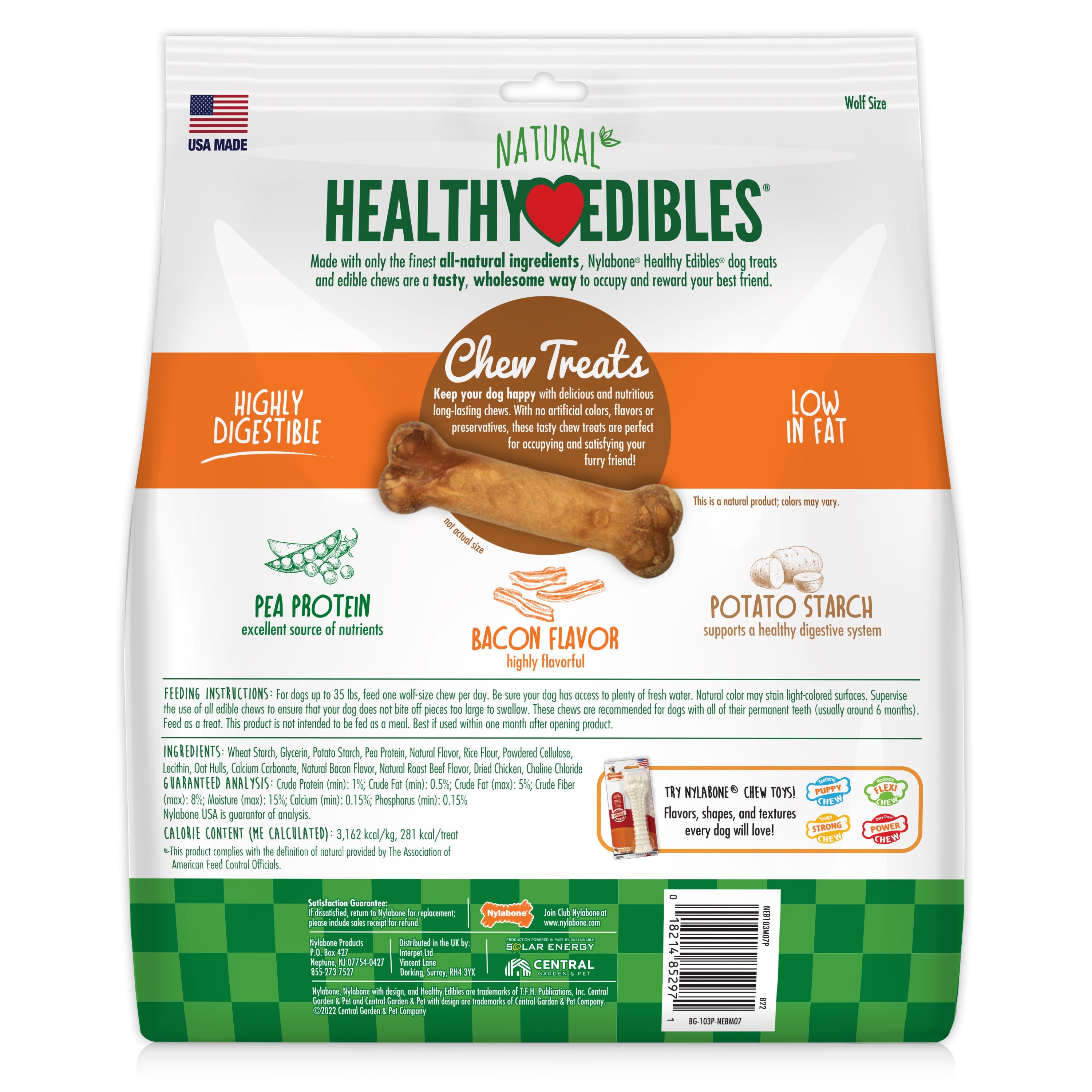 Nylabone Healthy Edibles AllNatural Long Lasting Chew Treats Bacon, 1ea/Medium/Wolf Up To 35 Lbs. 7 ct