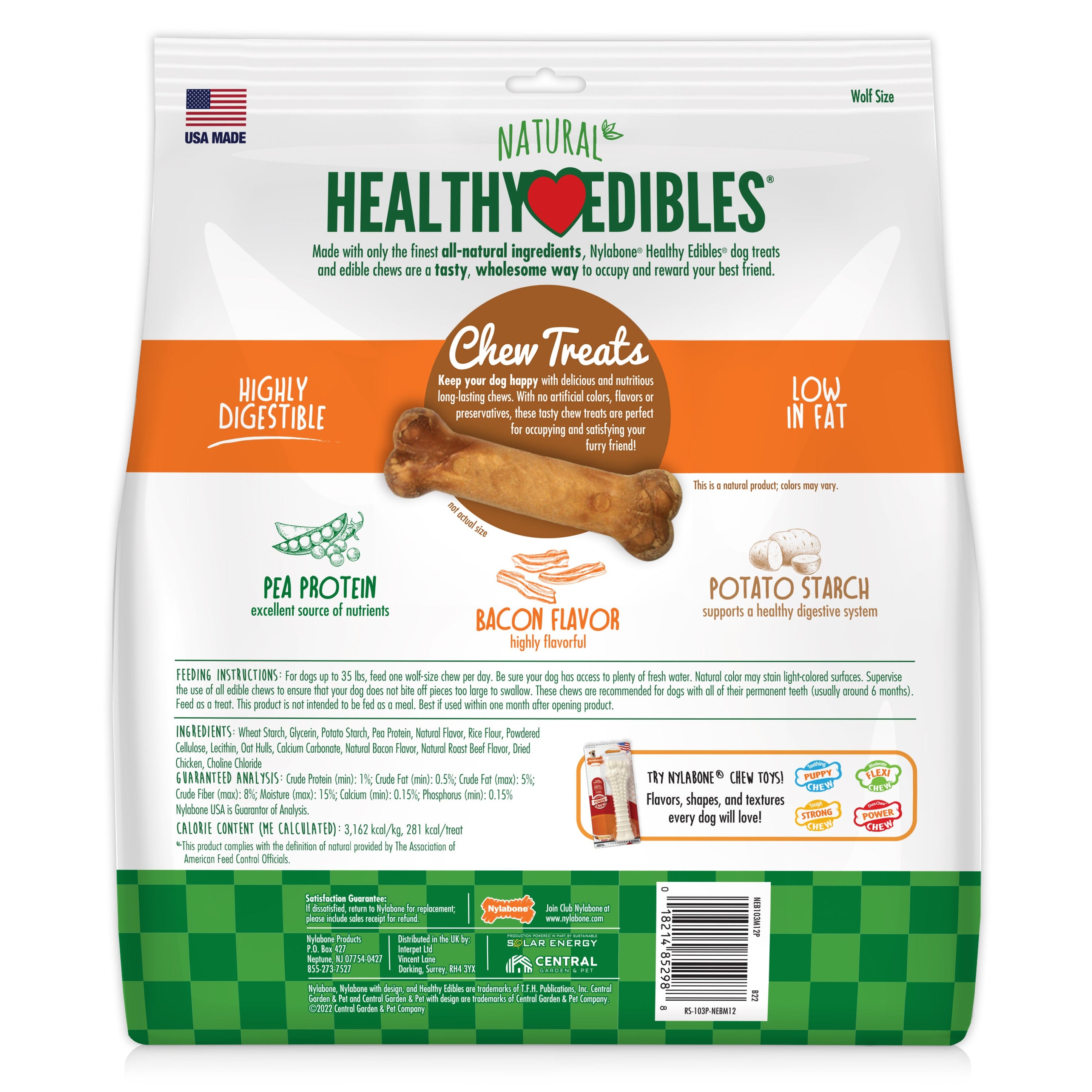 Nylabone Healthy Edibles AllNatural Long Lasting Chew Treats Bacon, 1ea/Medium/Wolf Up To 35 Lbs. 12 ct