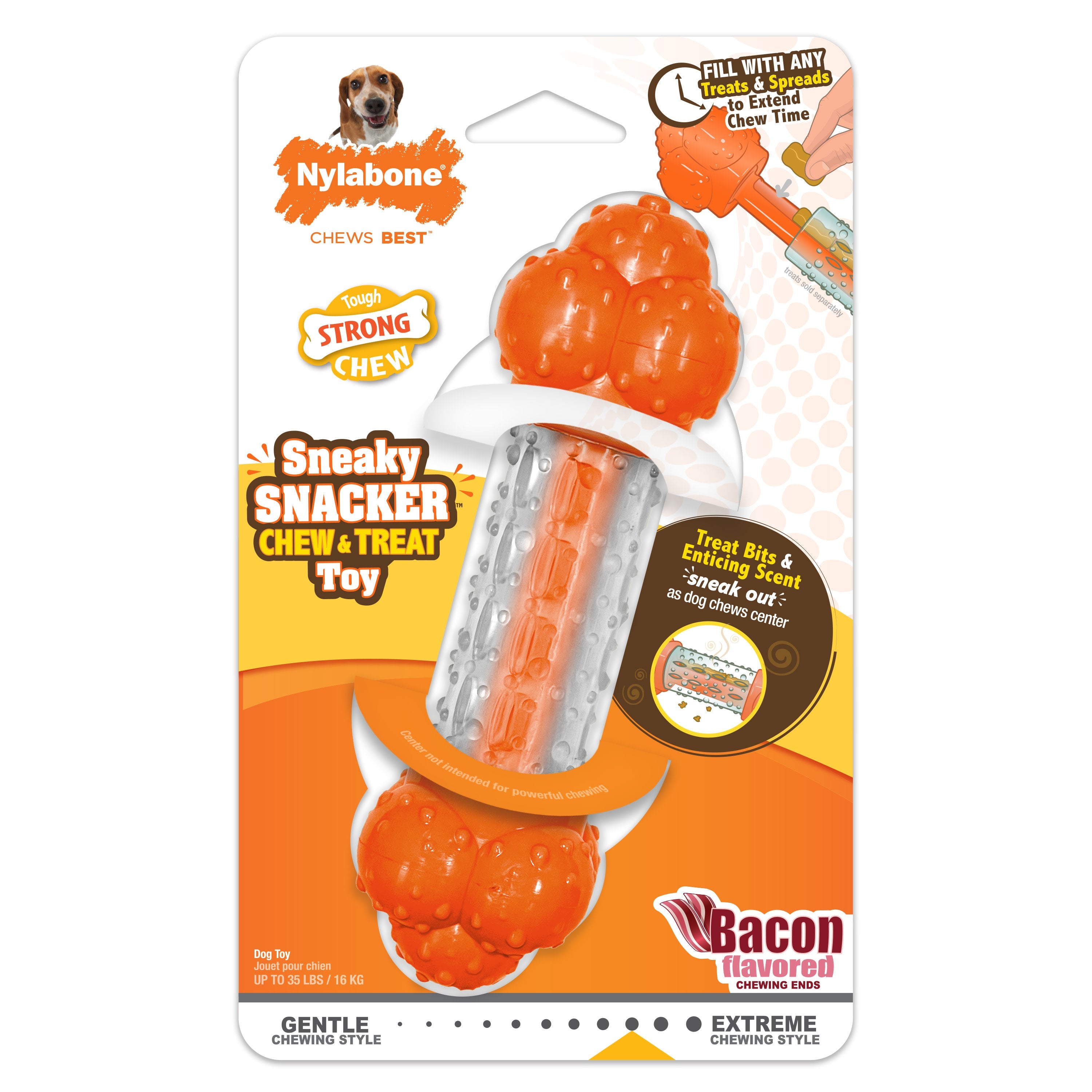 Nylabone Sneaky Snacker Dog Treat Toy Bacon, Orange, 1ea/Medium/Wolf Up To 35 Lbs. 1 ct