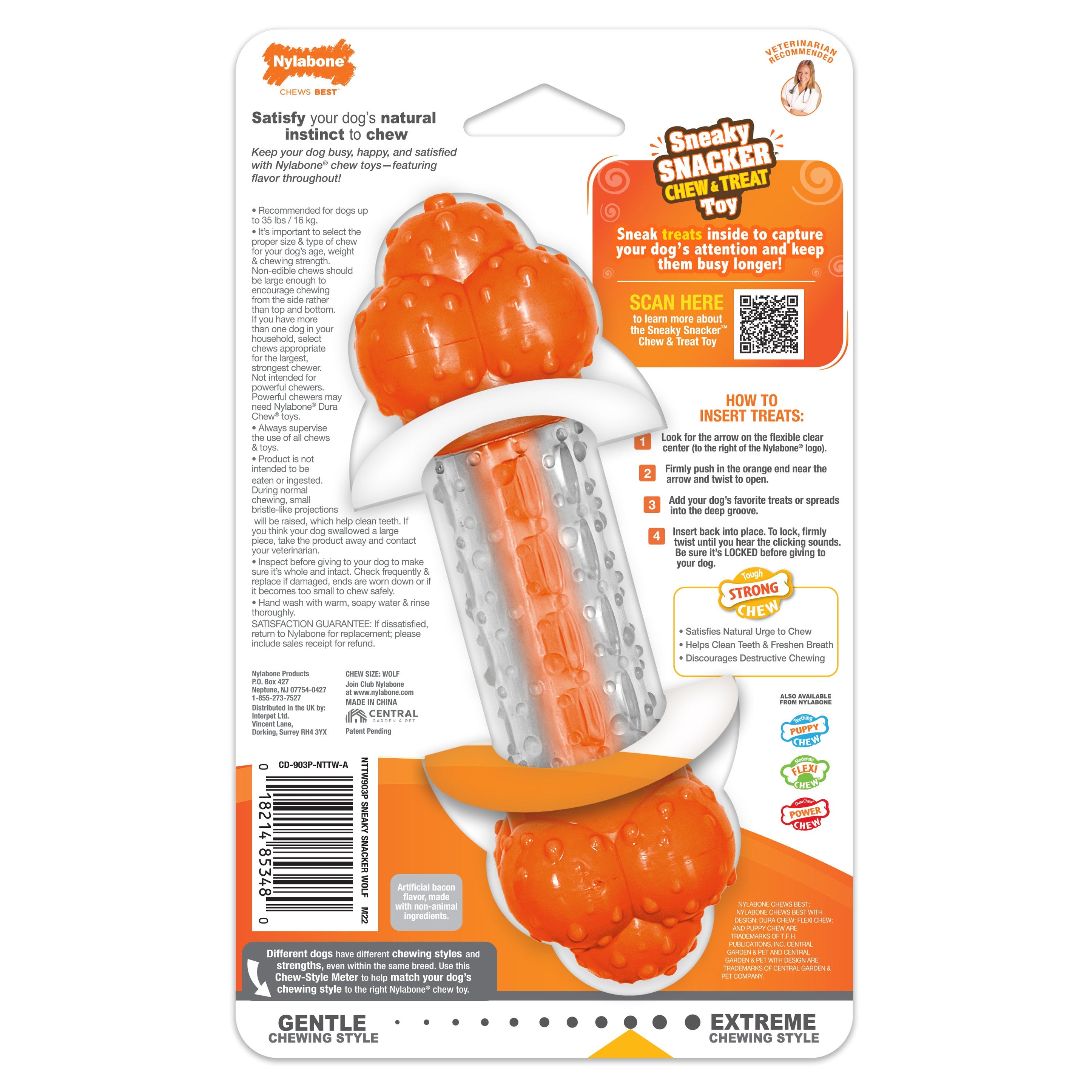 Nylabone Sneaky Snacker Dog Treat Toy Bacon, Orange, 1ea/Medium/Wolf Up To 35 Lbs. 1 ct