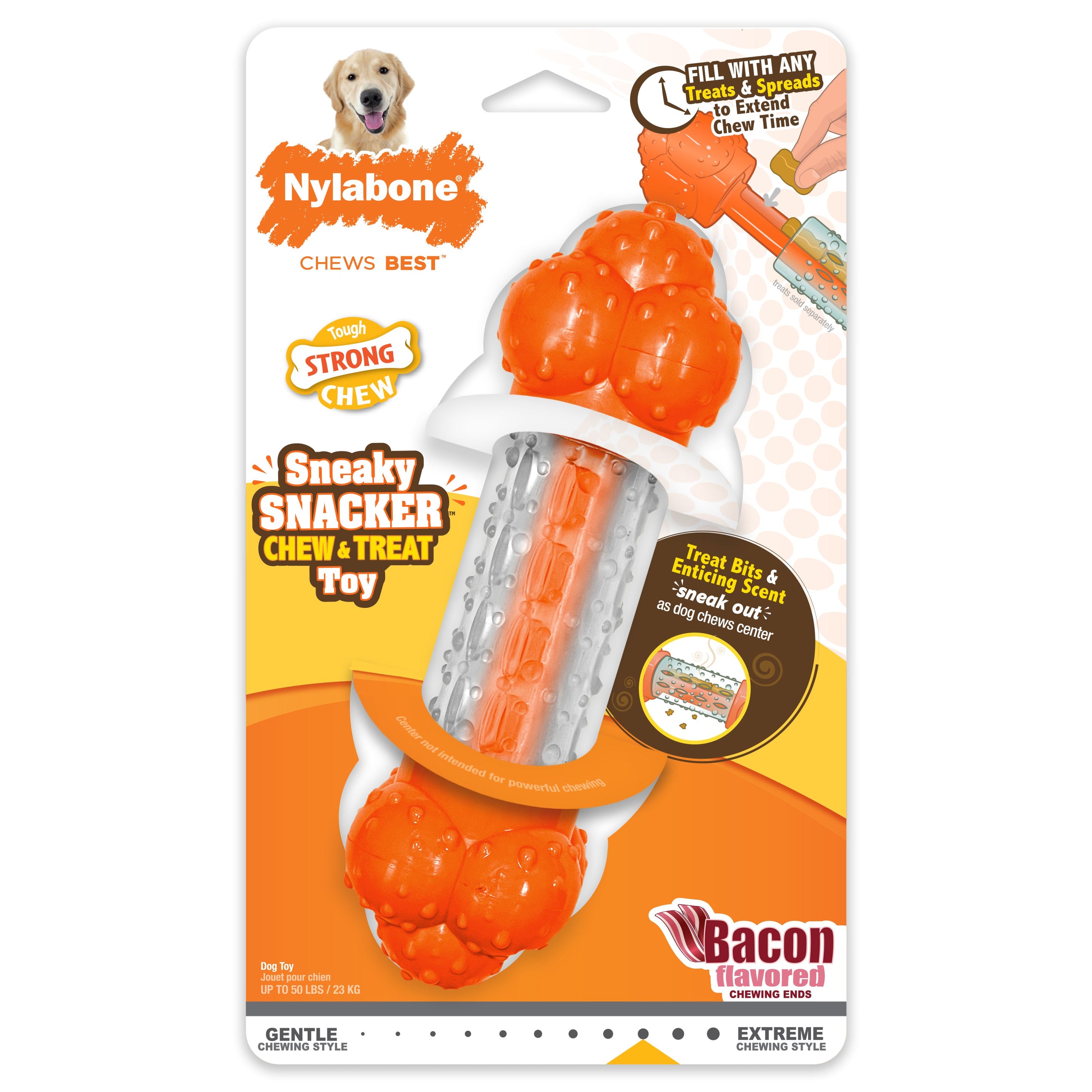 Nylabone Sneaky Snacker Dog Treat Toy Bacon, Orange, 1ea/Large/Giant Up To 50 Lbs. 1 ct