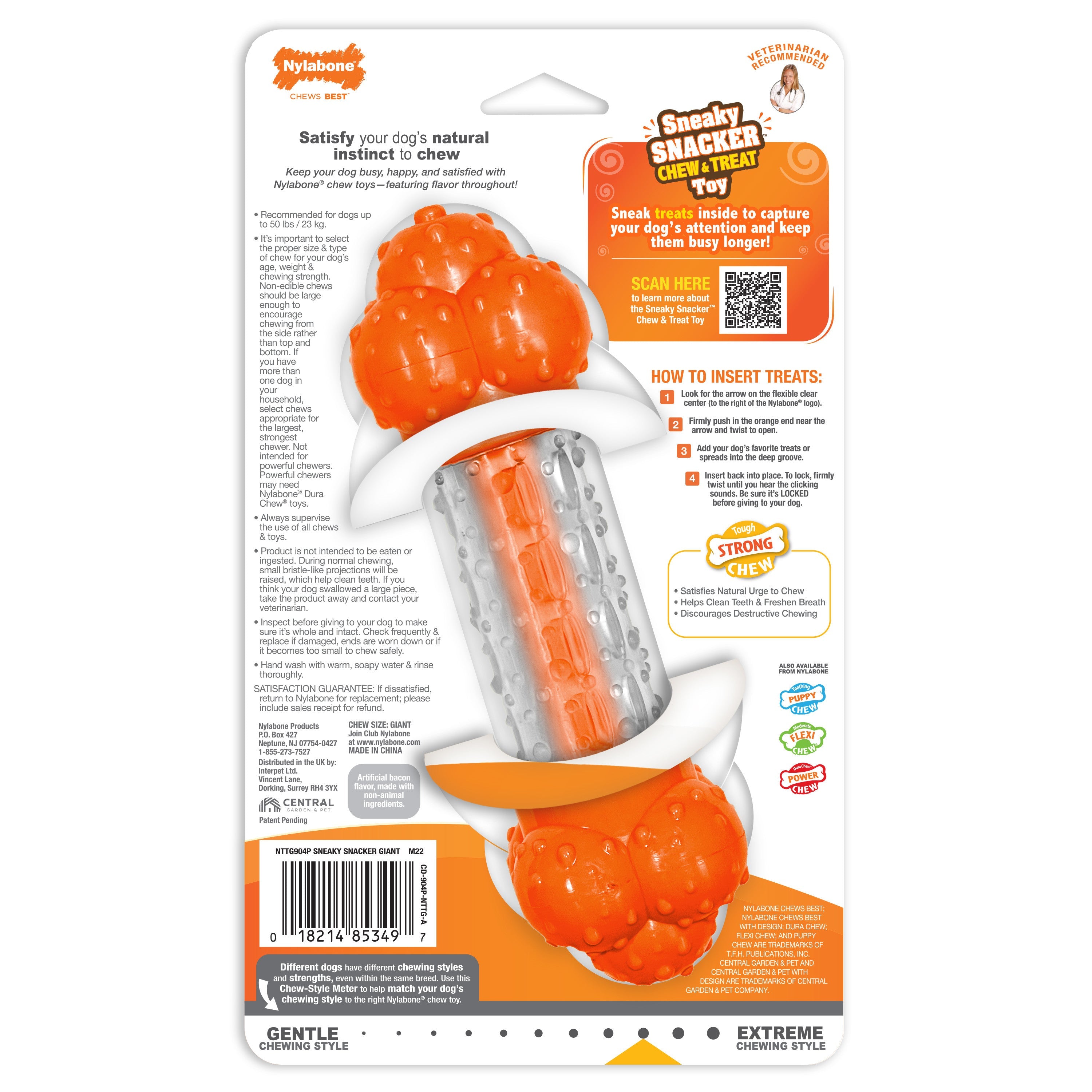 Nylabone Sneaky Snacker Dog Treat Toy Bacon, Orange, 1ea/Large/Giant Up To 50 Lbs. 1 ct