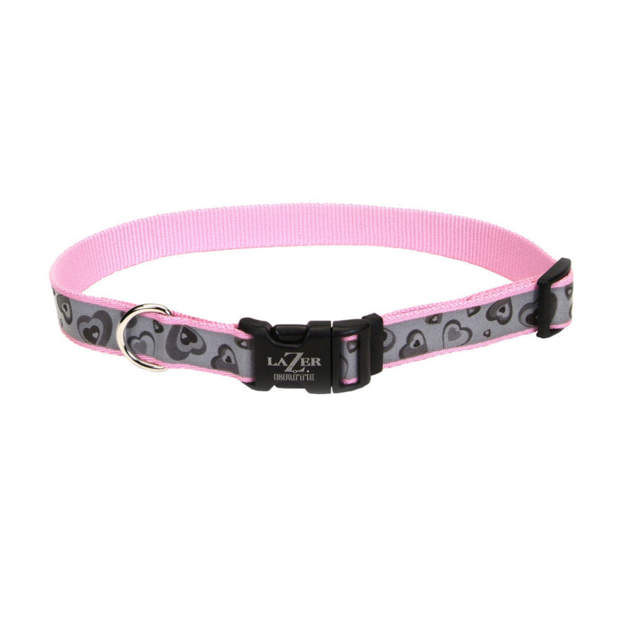 Coastal Lazer Brite Reflective Adjustable Dog Collar Pink New Hearts 1X18-26in