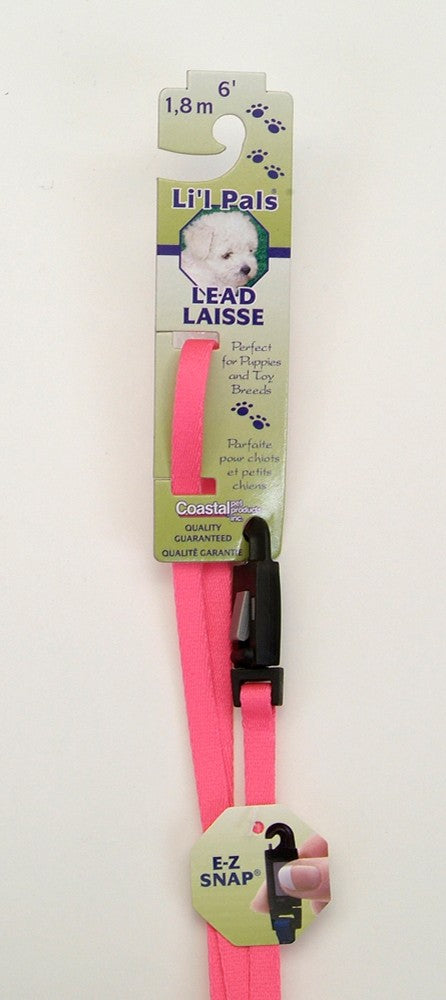 Coastal Li'l Pals Nylon Leash with E-Z Snap Neon Pink 3/8X6ft
