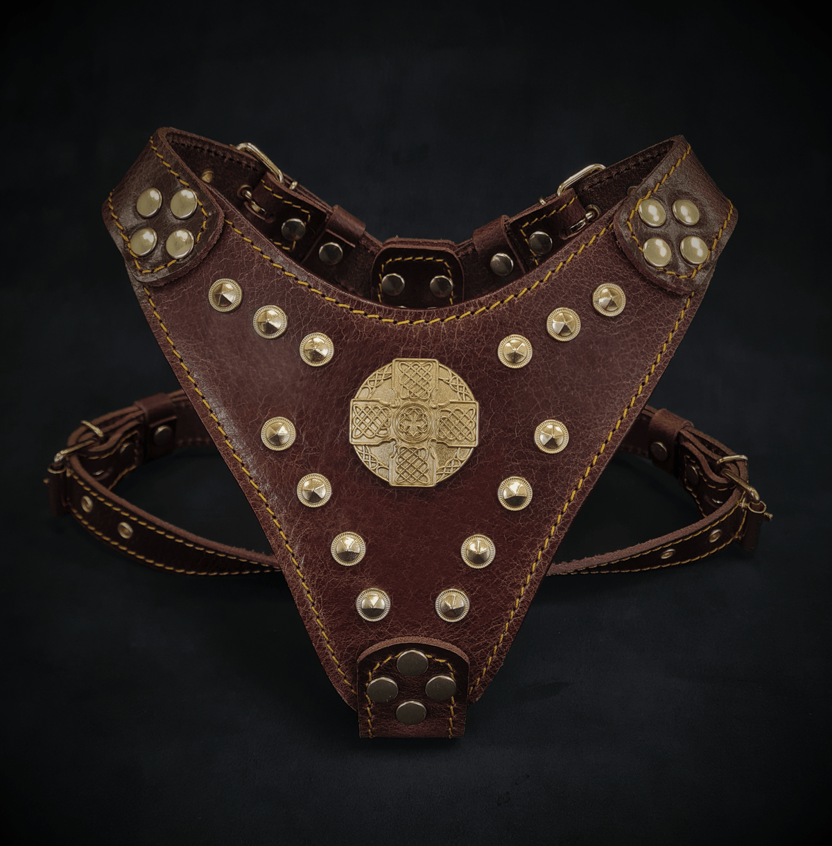 Bestia Maximus Leather Dog Harness – Brown & Gold, Small–Medium Dogs