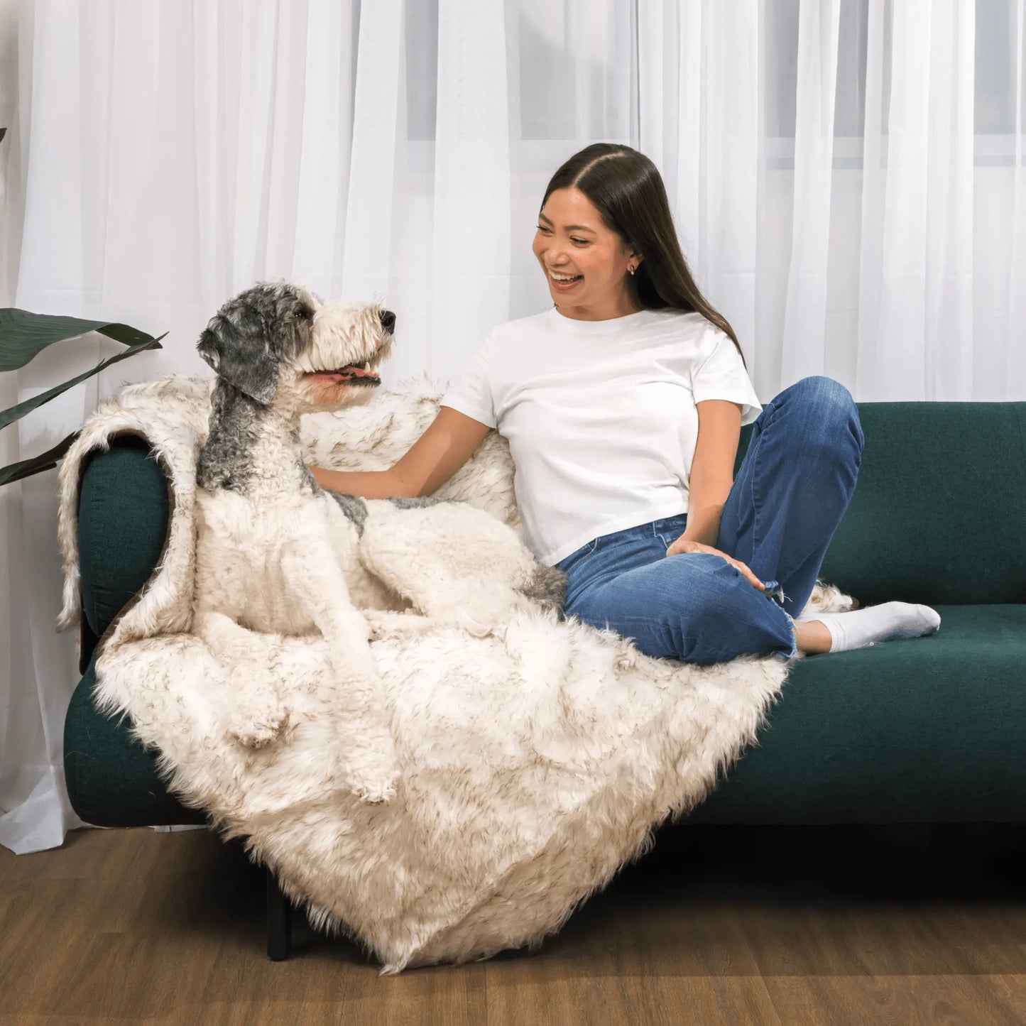 PupCloud™ Human-Size Dog Bed + Matching Waterproof Blanket Bundle - White with Brown Accents Paw.com