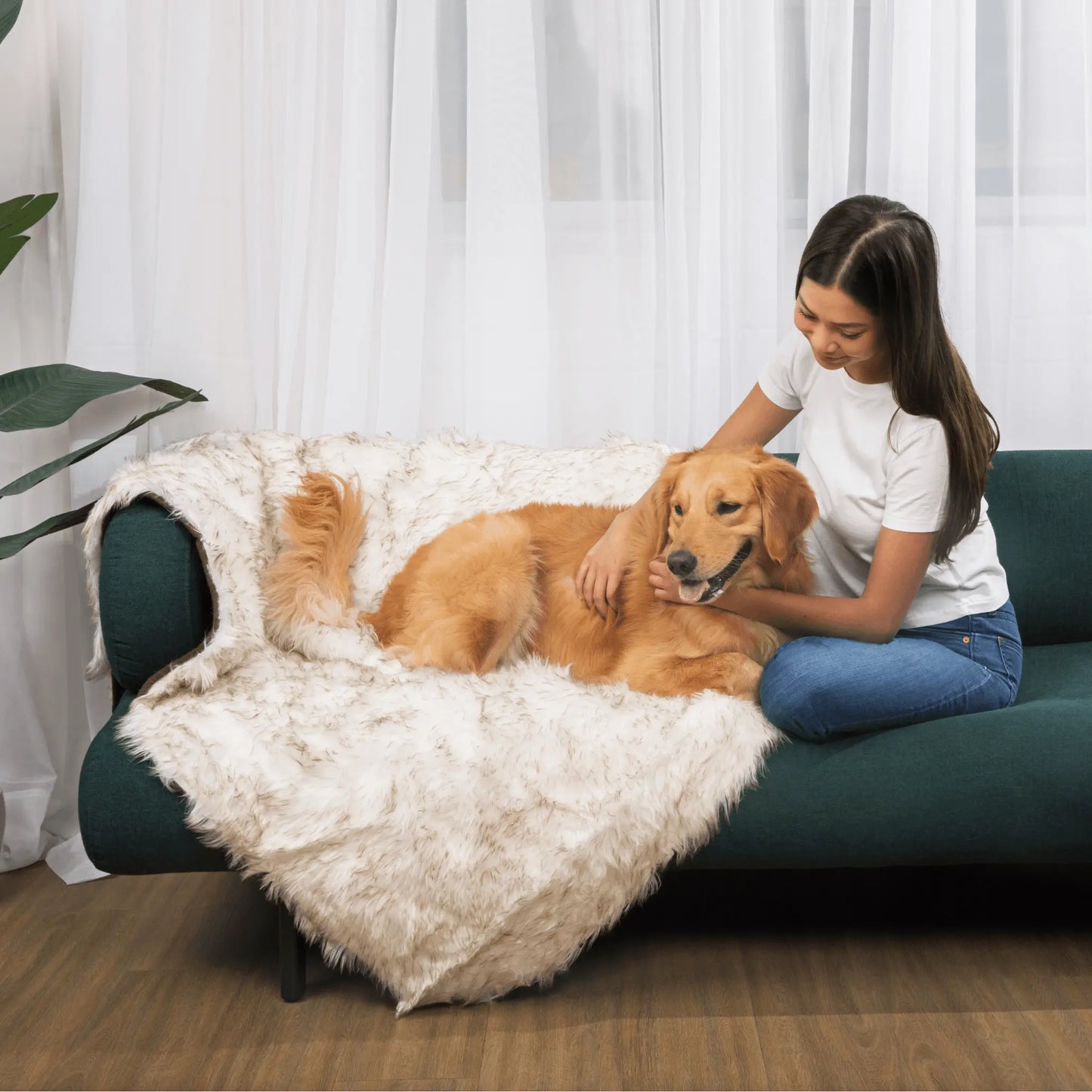 PupCloud™ Human-Size Dog Bed + Matching Waterproof Blanket Bundle - White with Brown Accents Paw.com