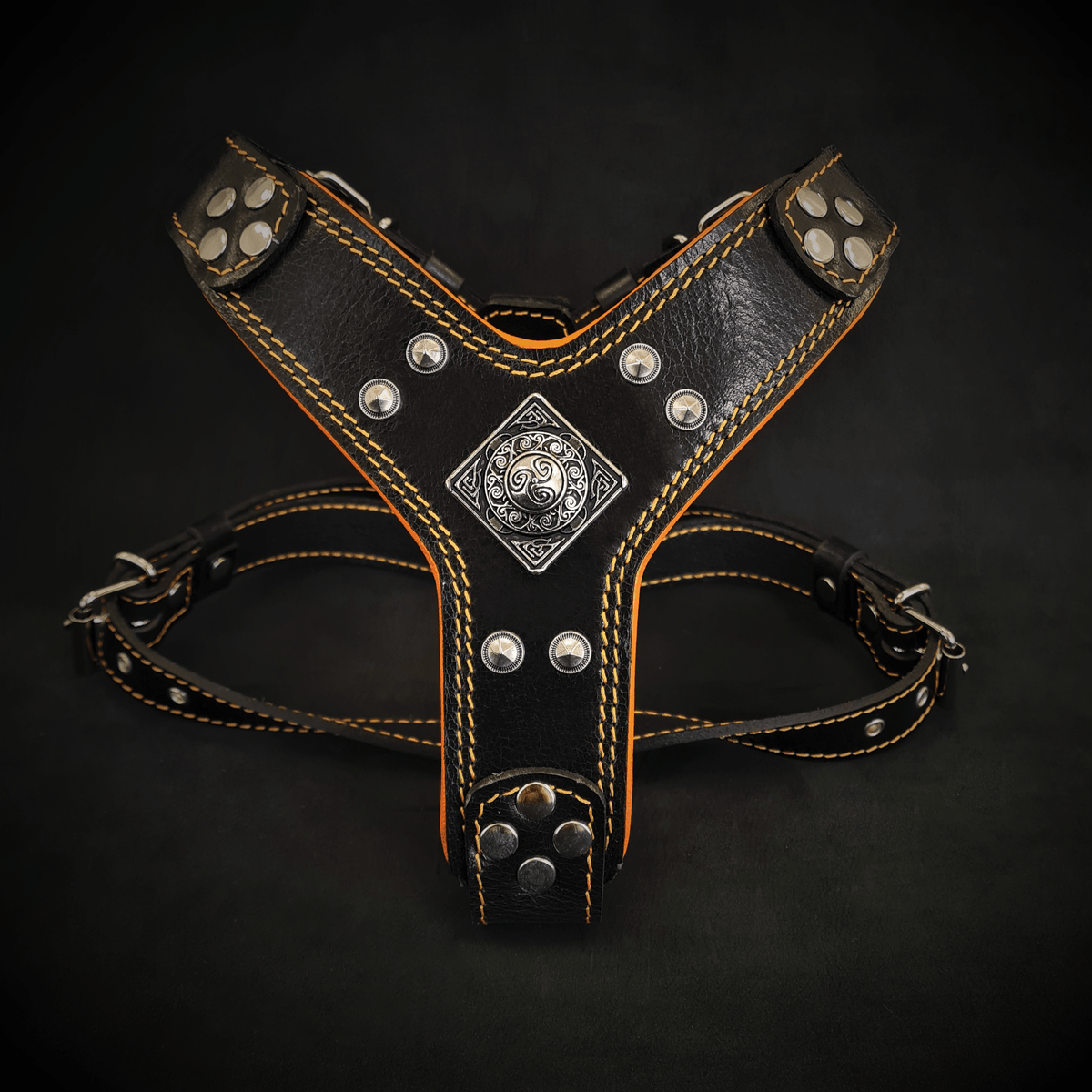 Bestia Eros Leather Dog Harness – Black & Orange, Small–Medium Dogs
