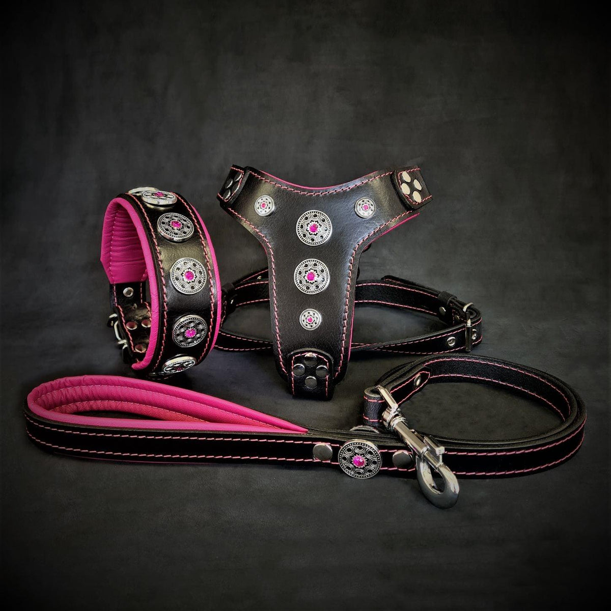 Bestia Bijou Leather Harness, Collar & Leash Set – Pink