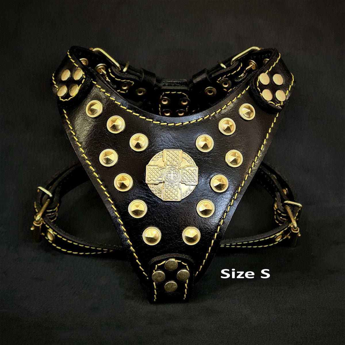 Bestia Maximus Leather Dog Harness – Black & Gold, Small–Medium Dogs