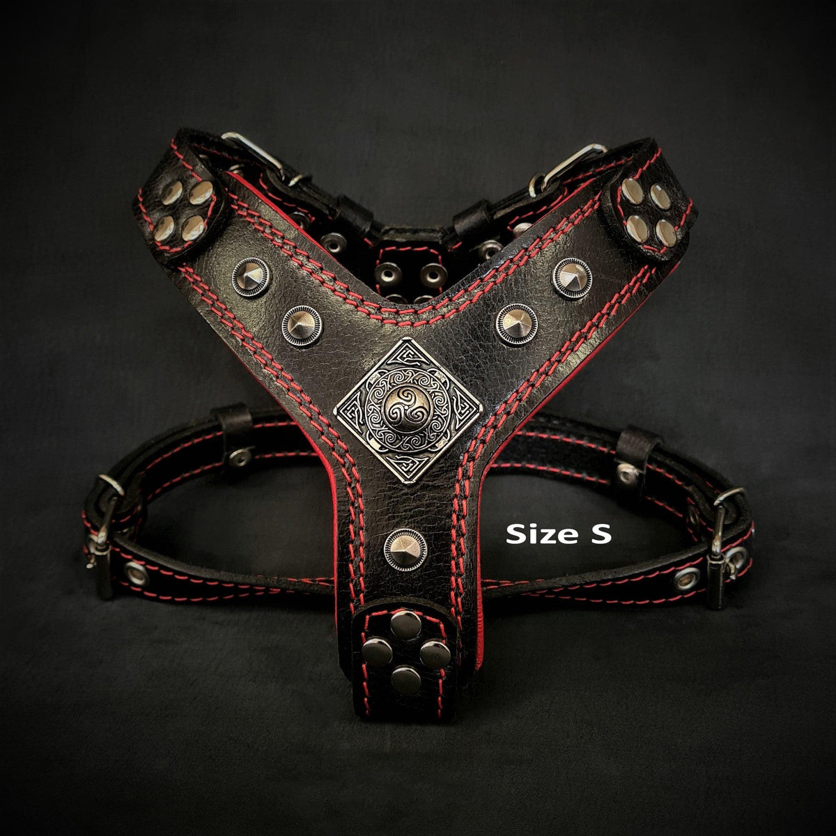 Bestia Eros Leather Dog Harness – Black & Red, Small–Medium Dogs