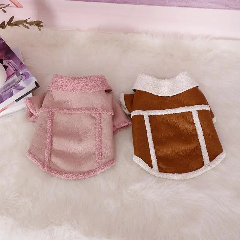 Plush Zipper Warm Faux Leather Dog Jacket Dog Hugs Cat