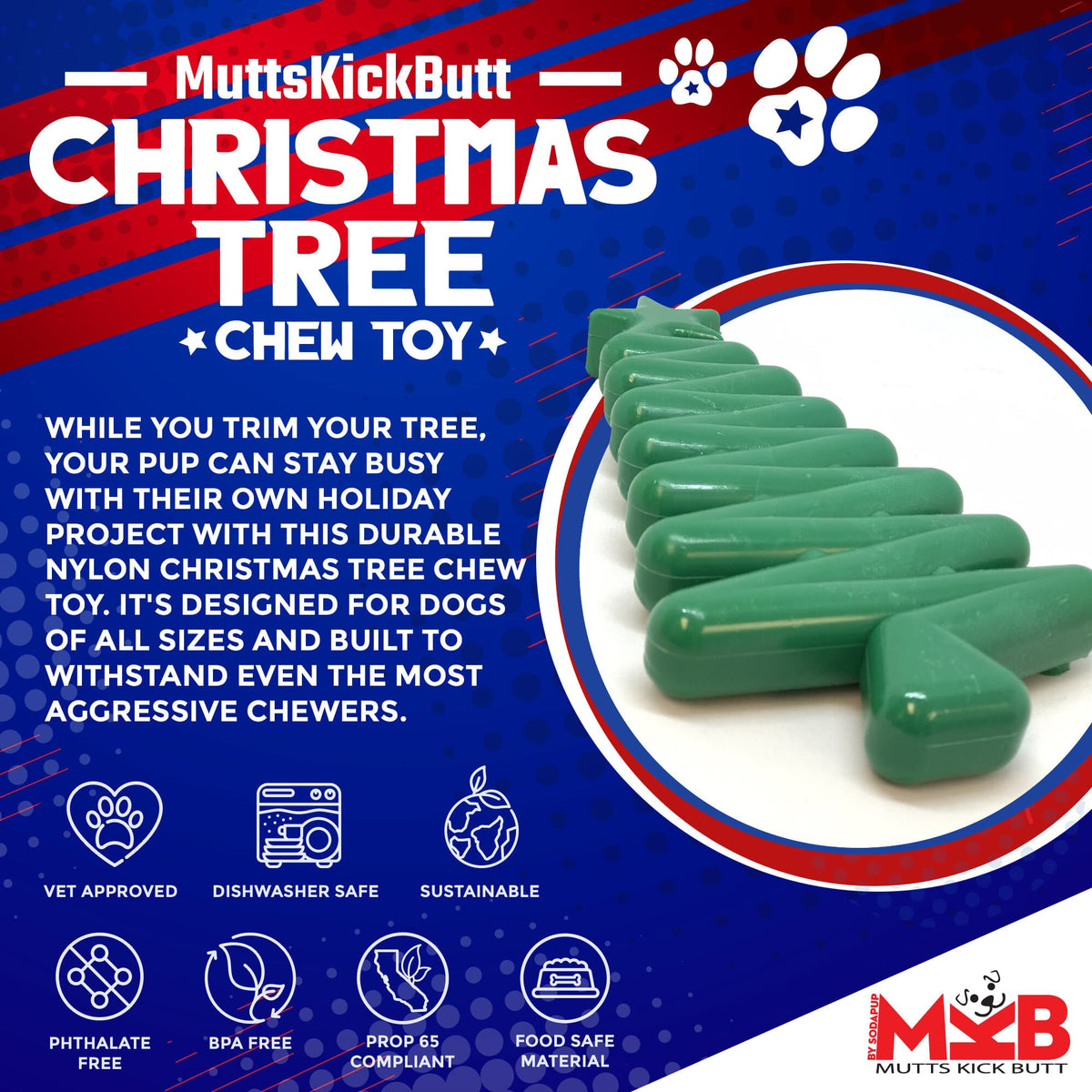 Christmas Tree Nylon Dog Chew Toy for Aggressive Chewers | USA Made & FDA Compliant by SodaPup/True Dogs, LLC