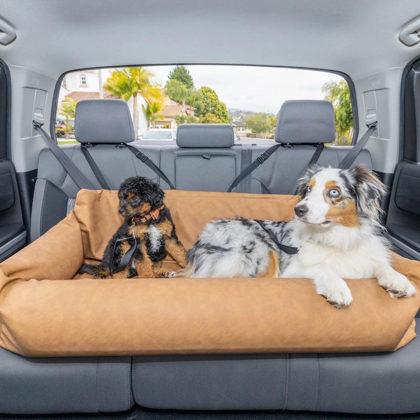 PupProtector™ Faux Leather Memory Foam Dog Car Bed - Camel Paw.com