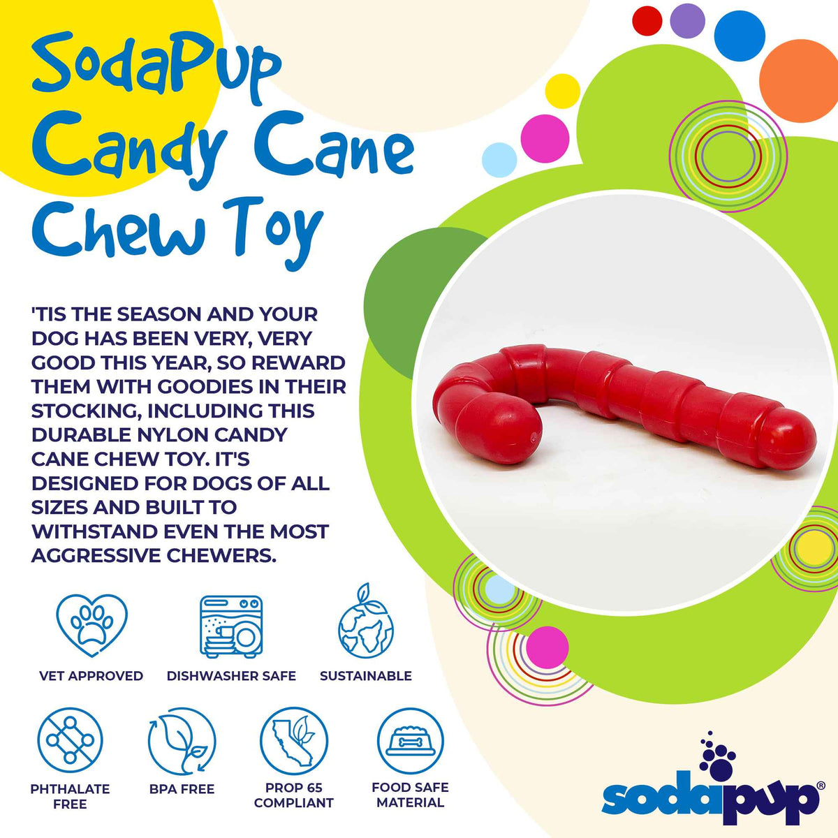Candy Cane Nylon Dog Toy for Aggressive Chewers | USA Made | SodaPup